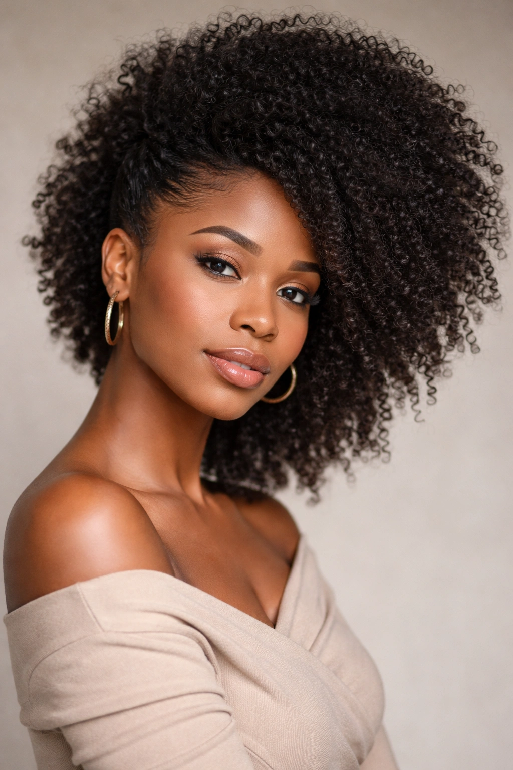 Side-swept puff hairstyle with hair swept to one side in a studio portrait