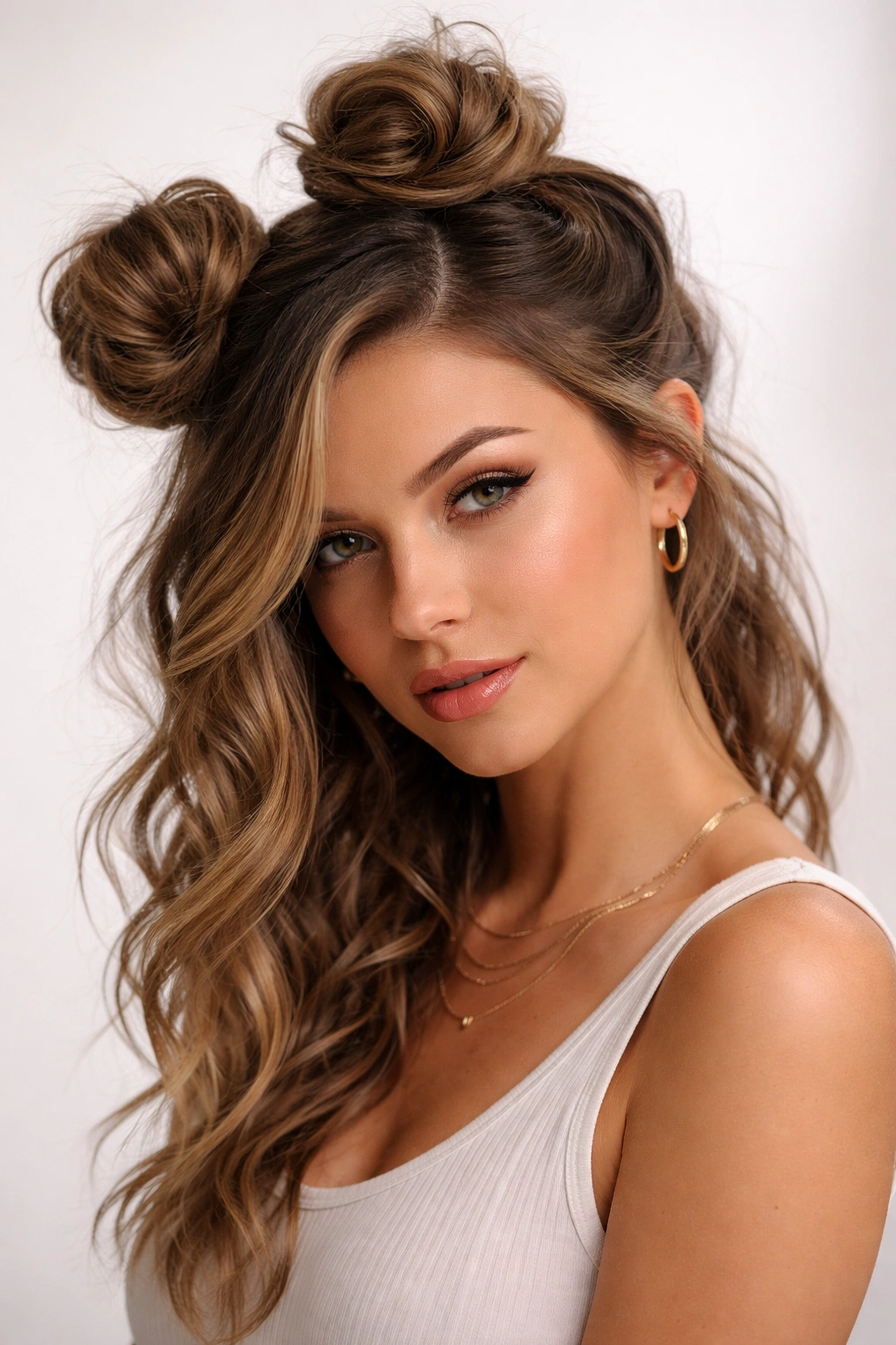 Three-quarter view of side-swept space buns on a model