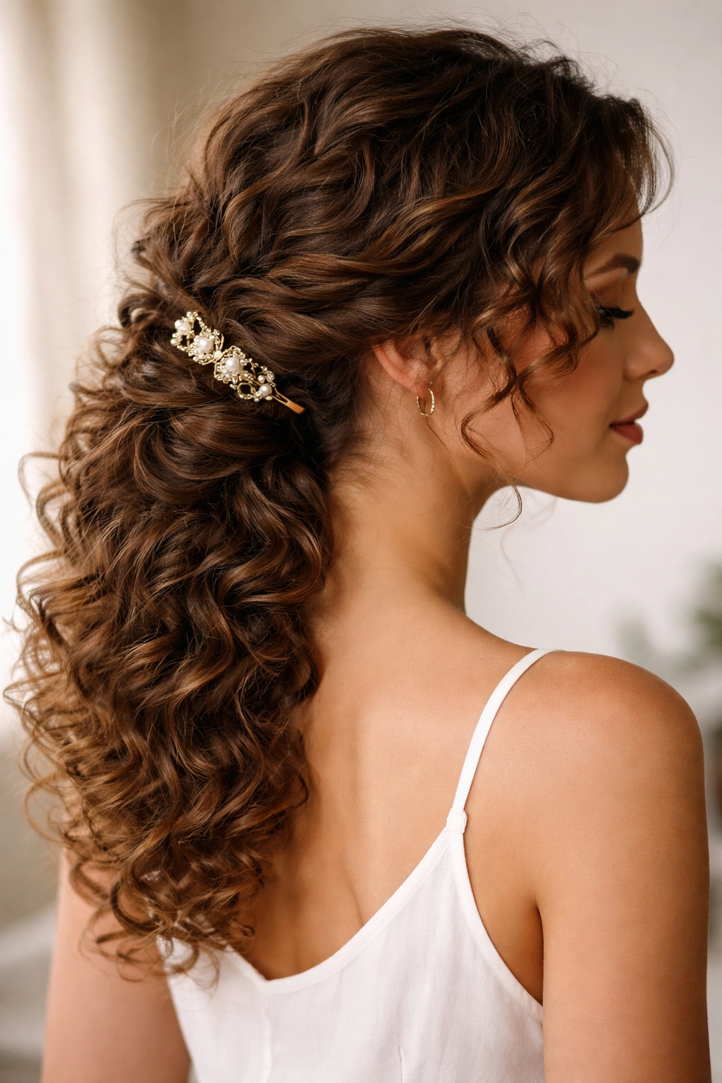 Side-swept spiral clip hairstyle on curly hair