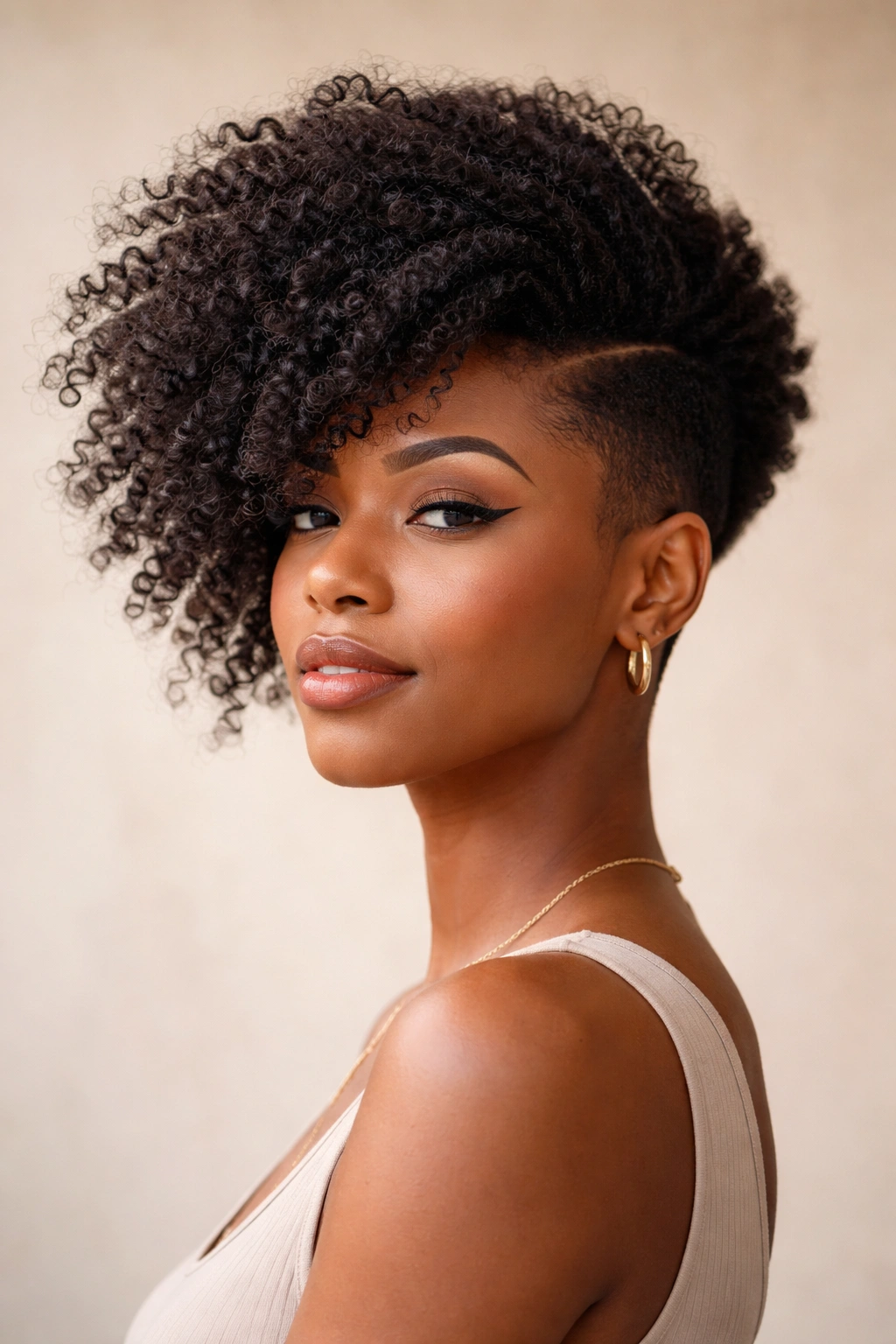 Asymmetrical side-swept tapered afro hairstyle.