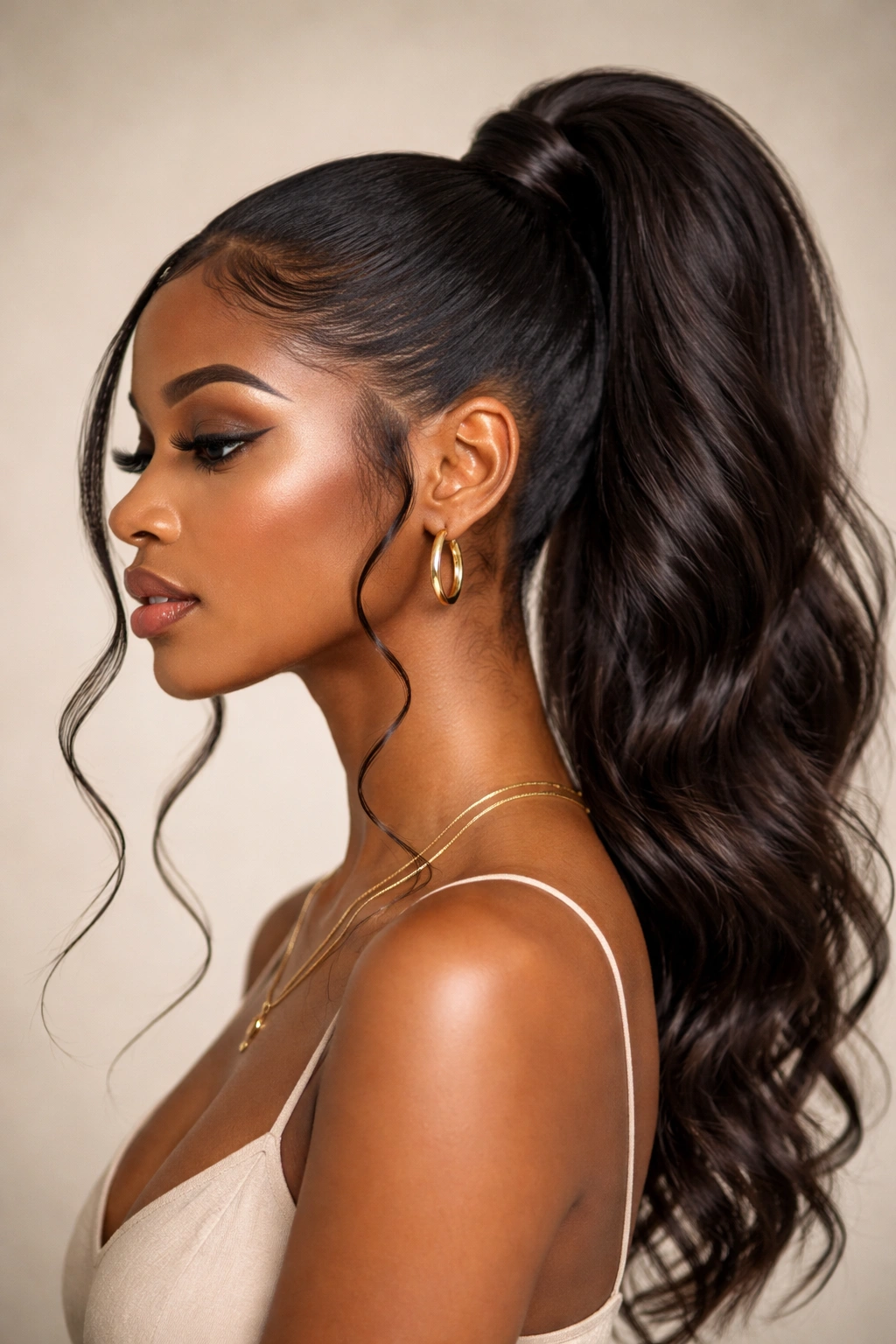 High ponytail with thin side-swept tendrils framing the face.