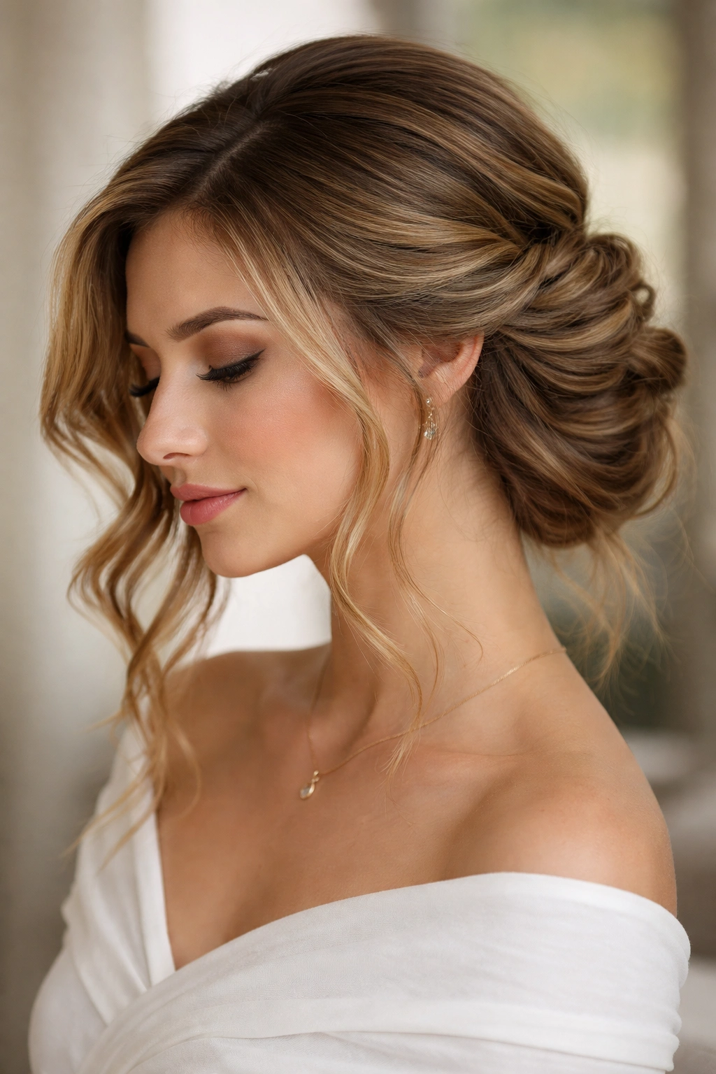 Side-swept twisted updo with cascading waves