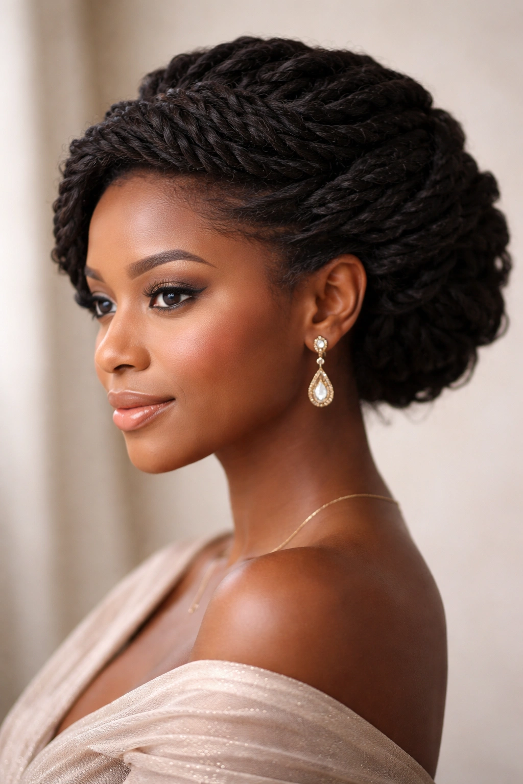 Close-up of side-swept twisted crown hairstyle with crown-like twists along the back