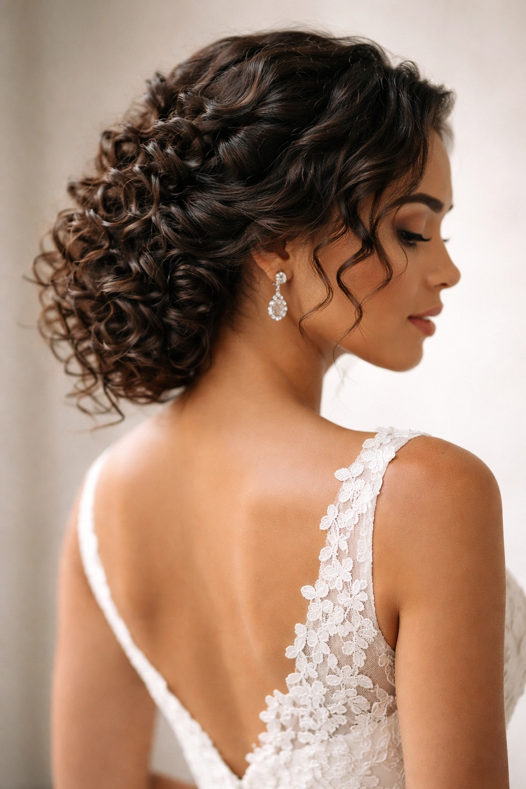 Side-swept low updo exposing curls along the opposite side