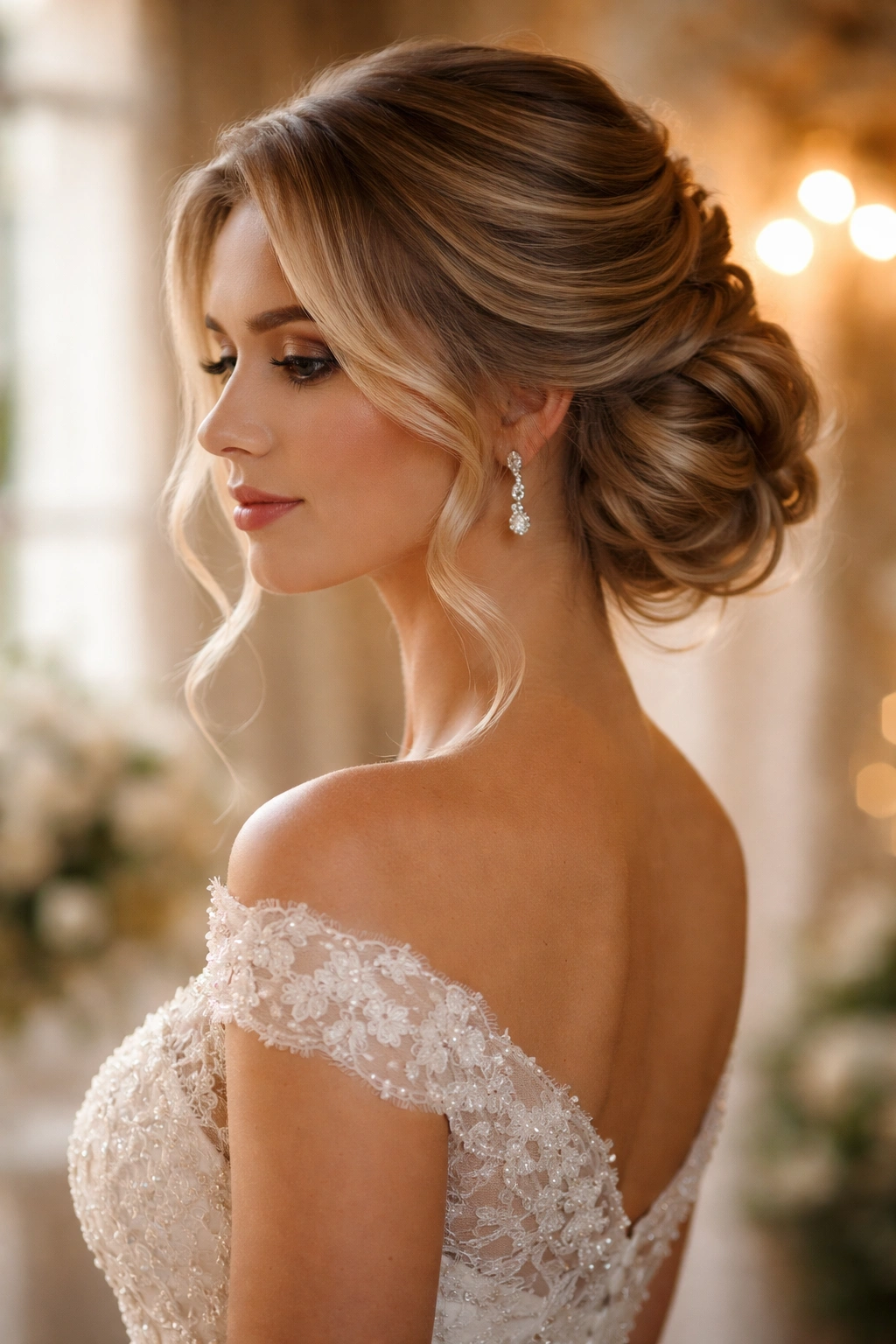 Side-swept wavy updo with face-framing waves