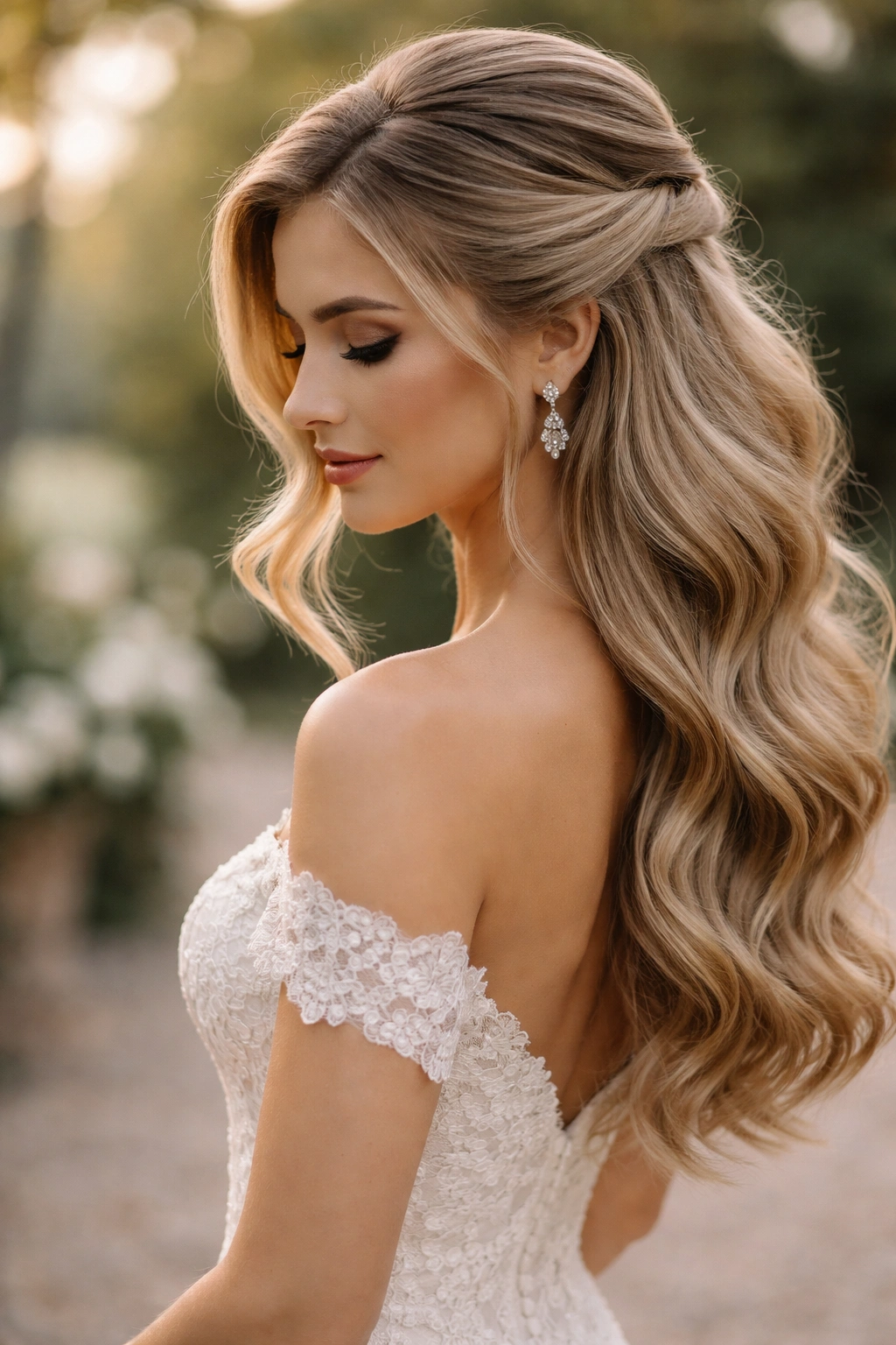 Side-swept half-up waves with hair gathered at the temple and cascading over the shoulder