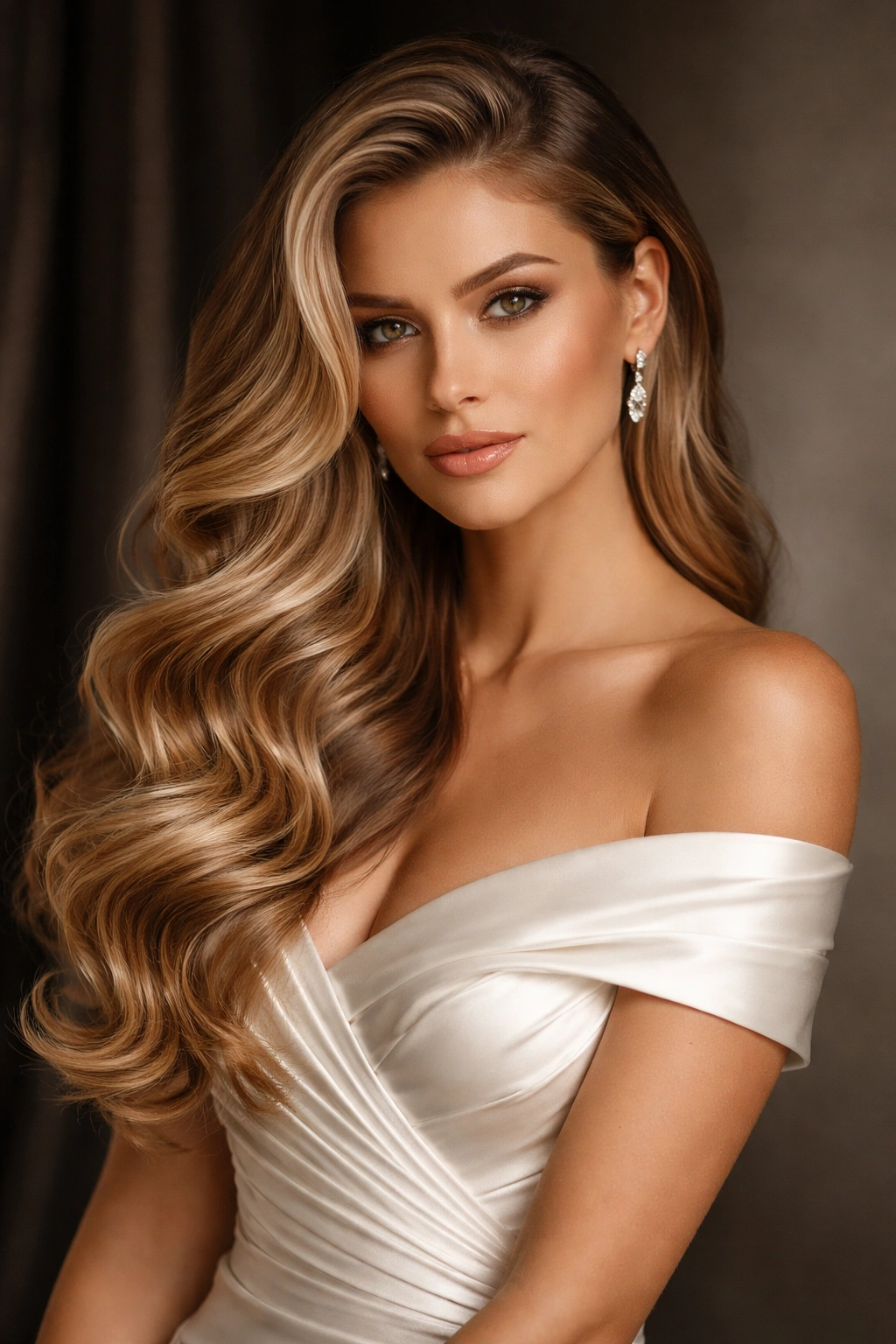 Side-swept waves cascading over one shoulder in a bridal look
