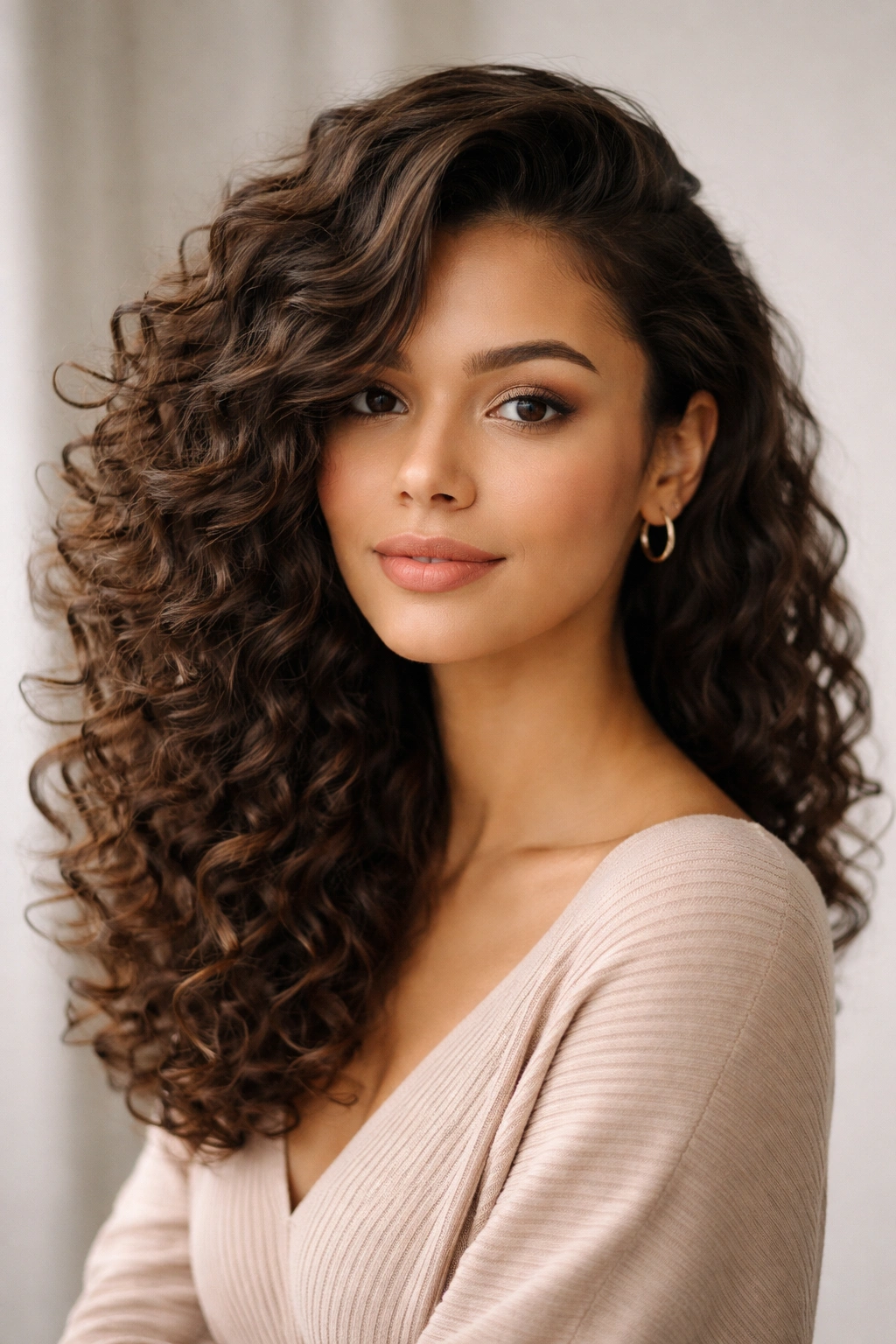 Side-swept curly waves creating an elegant, elongated look