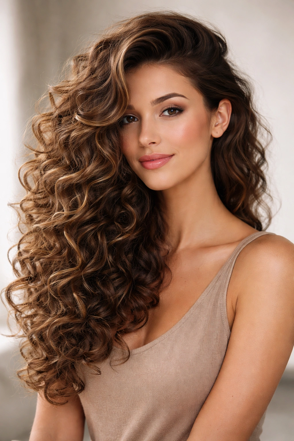 Curls swept dramatically to one side with voluminous waves