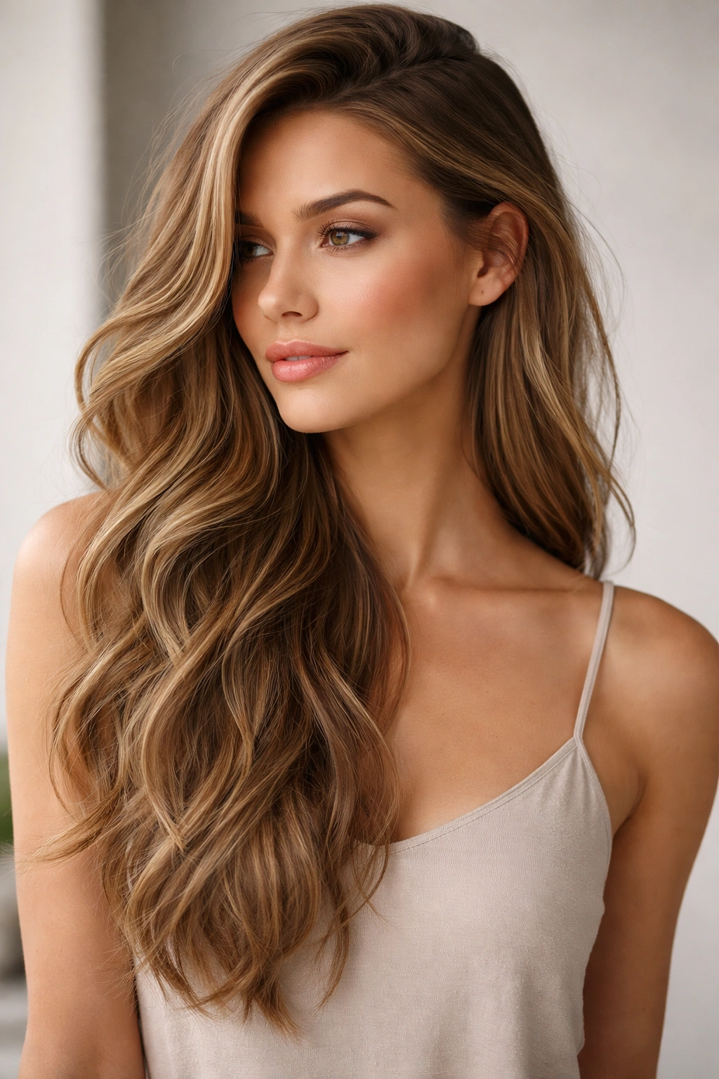 Side-swept long waves with off-center part in a modern silhouette