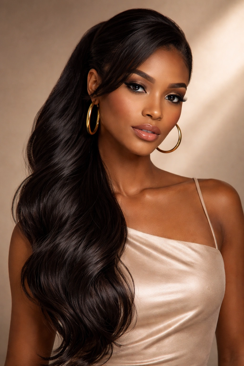 Side-swept weave ponytail cascading over shoulder in an asymmetrical style