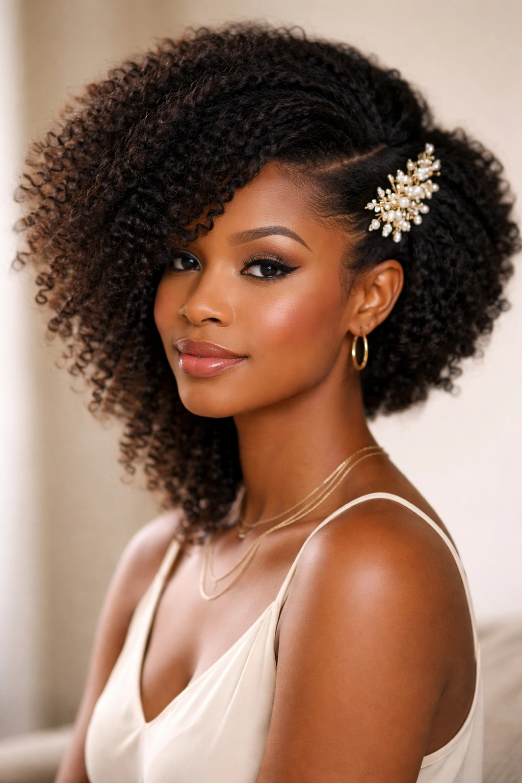 Close-up of side-swept hair with decorative pin