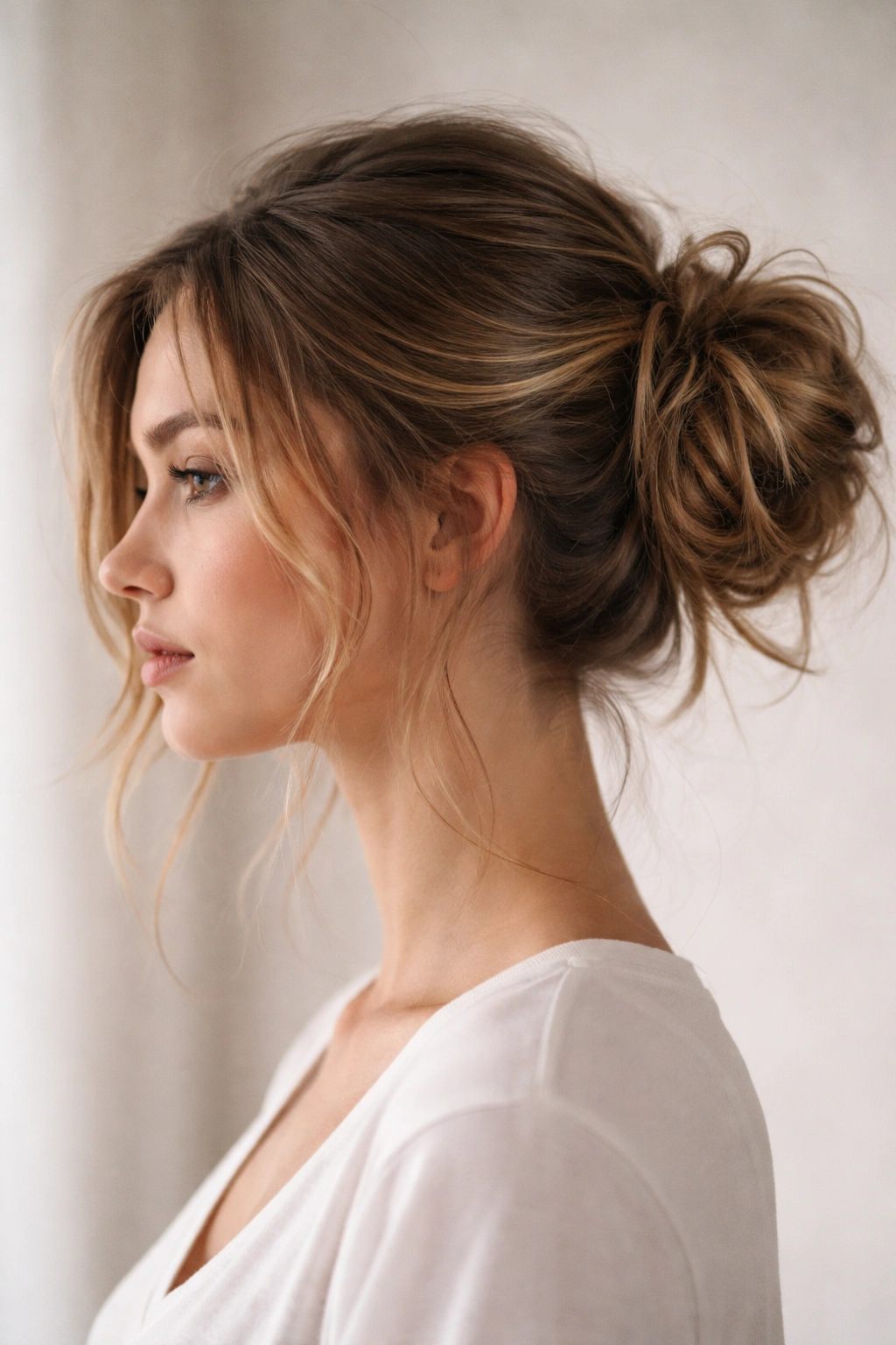 Close-up profile of a tousled side bun with textured hair