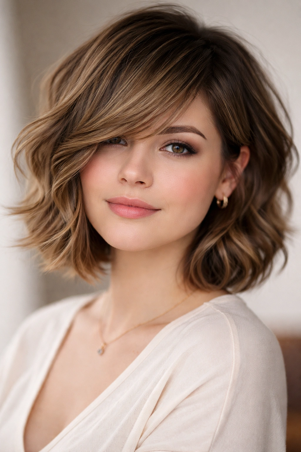 Three-quarter view of sideswept bangs with wavy layers