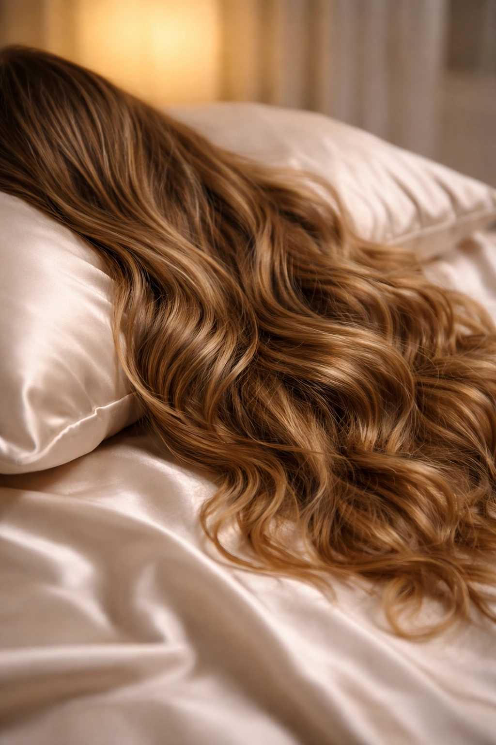 Hair resting on silk satin pillowcase reducing friction for frizz prevention
