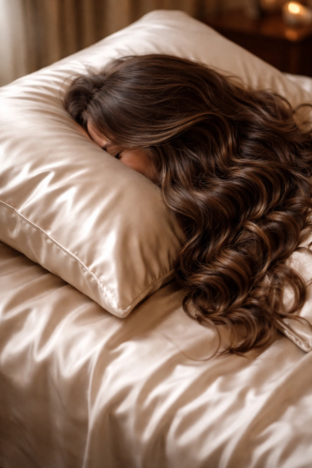 Sleeping head on silky pillowcase with smooth waves