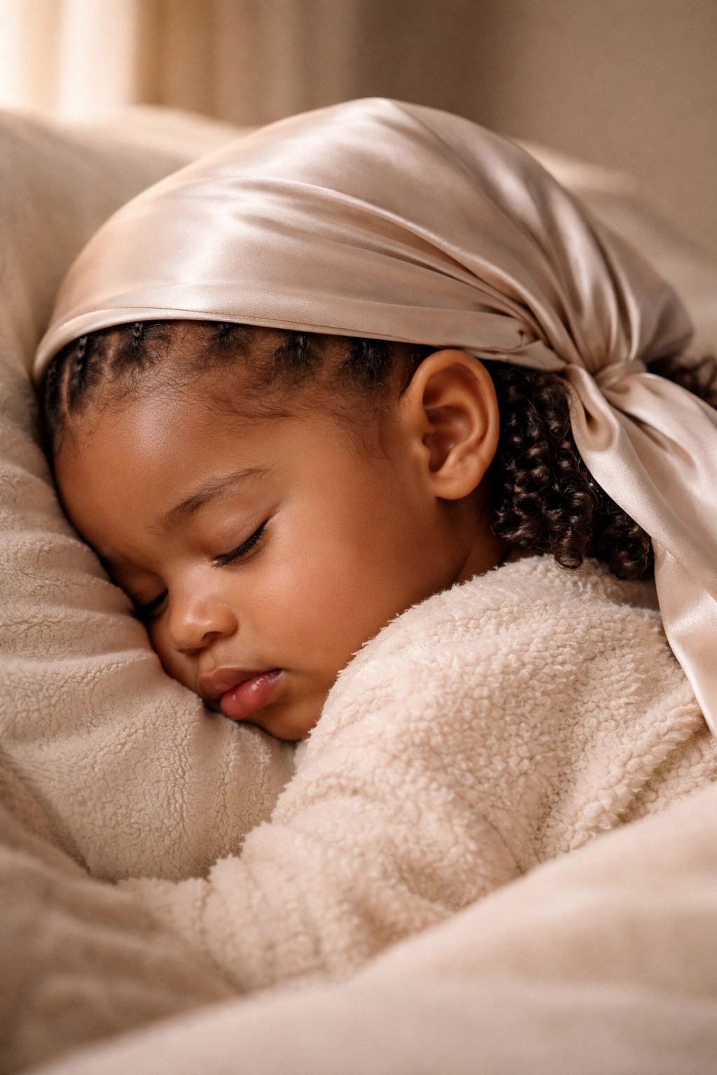 Baby head with a satin scarf protecting hairstyle for longevity.