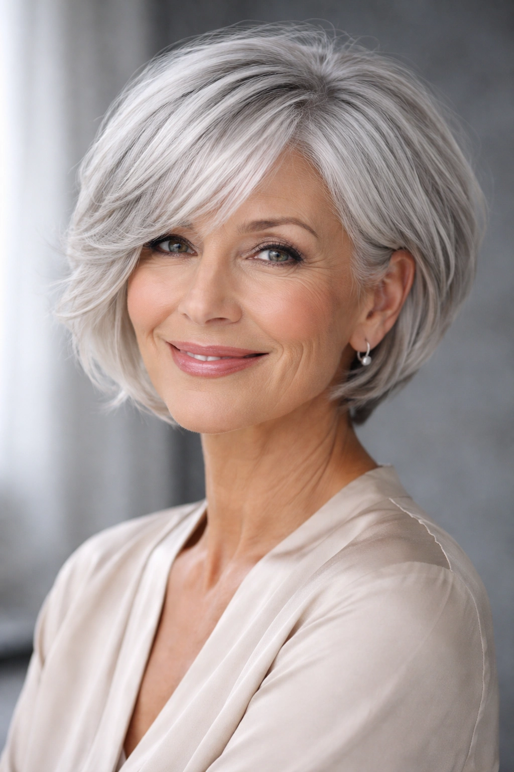 Portrait of a person with short silver glacier bob and textured layers