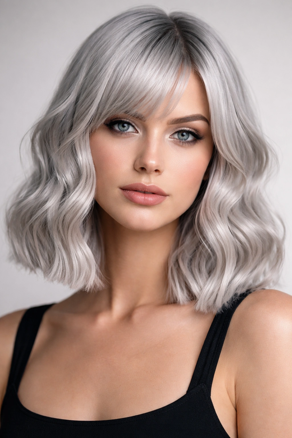 Silver hair with a blunt-cut edge and waves in a studio portrait