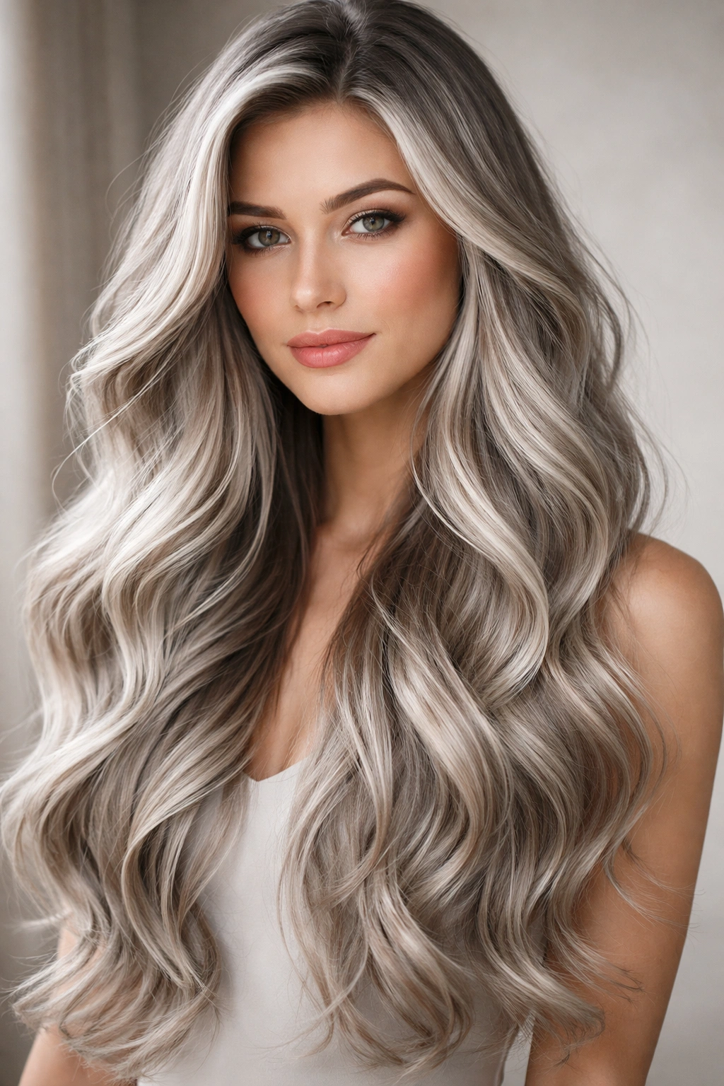 Long silver hair with highlights in soft waves, studio portrait