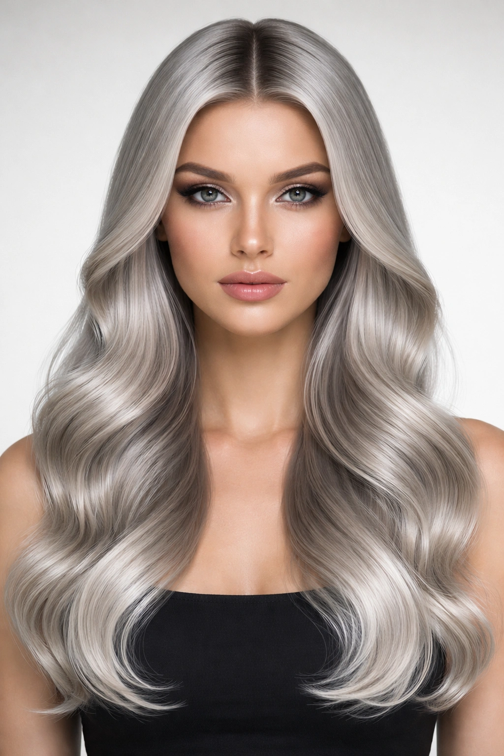 Silver hair in sleek waves with a centered middle part, studio portrait