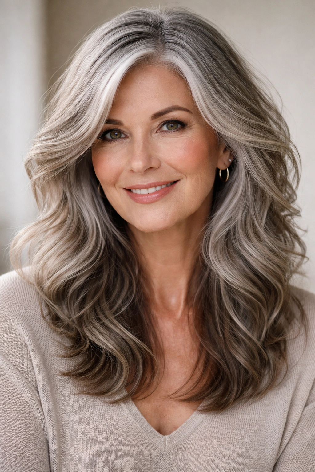 Close-up of textured gray hair with silver blend and soft waves.