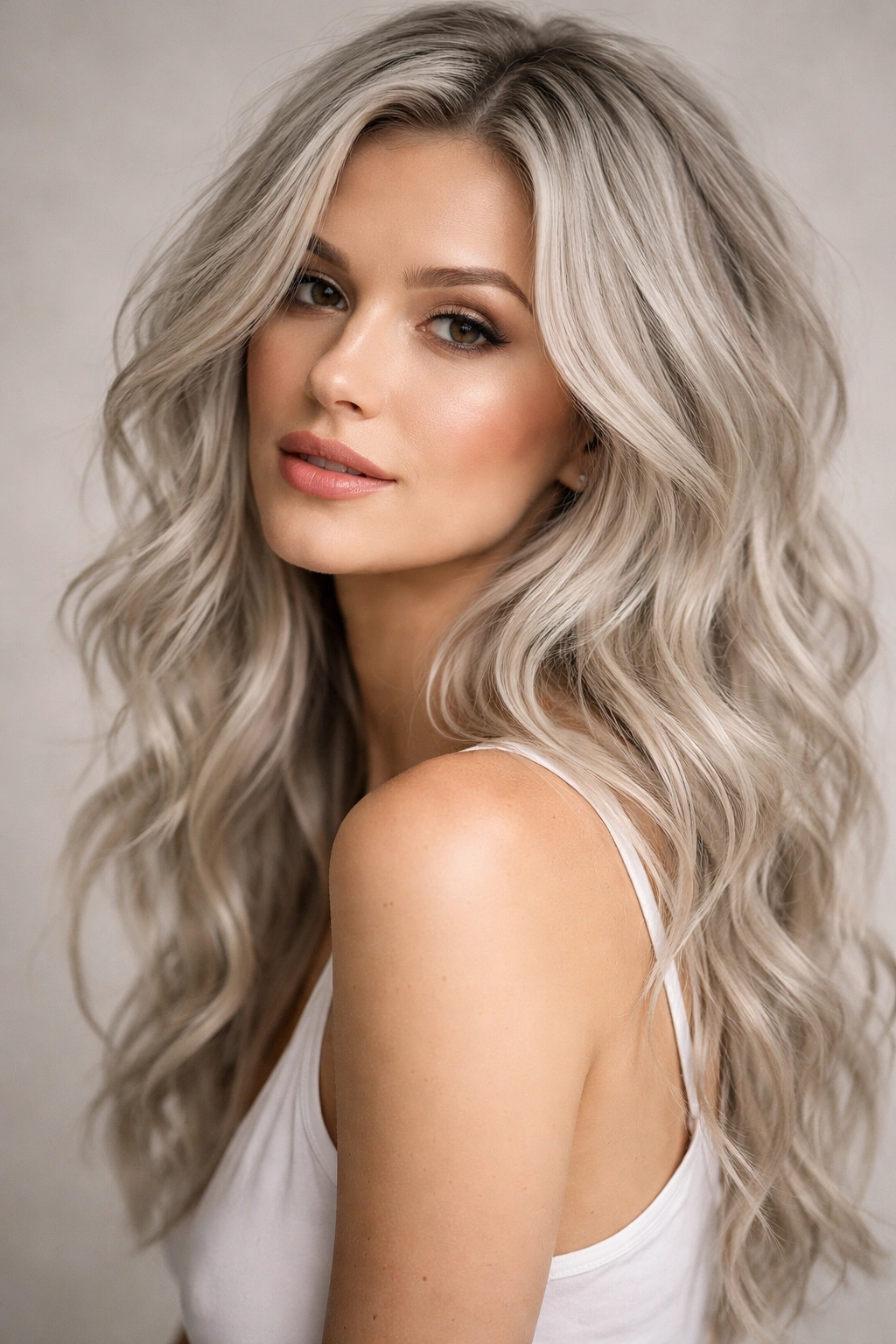 Silver hair in tousled, undone waves with natural texture in studio