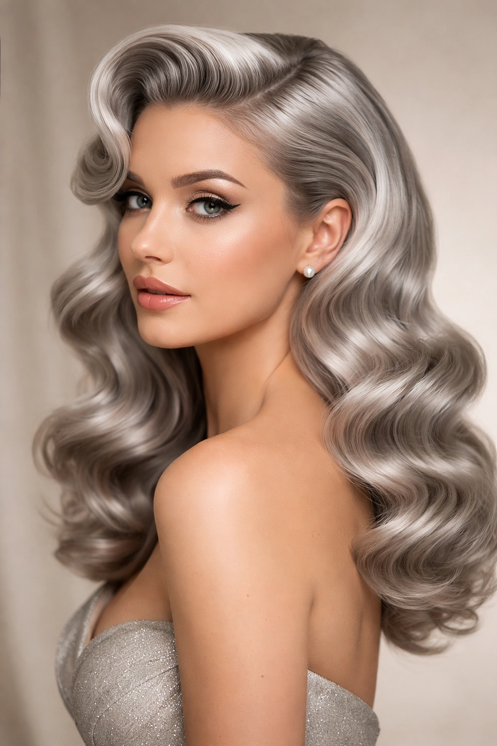 Silver hair in vintage-inspired structured waves with deep side part