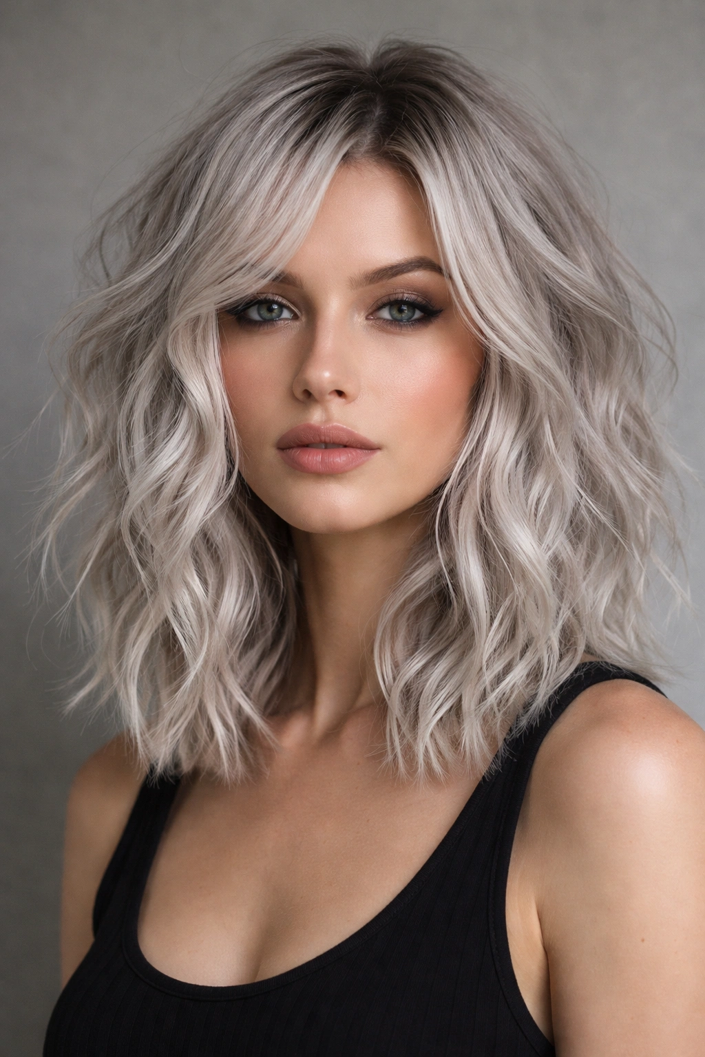Shoulder-length silver hair with choppy waves in studio