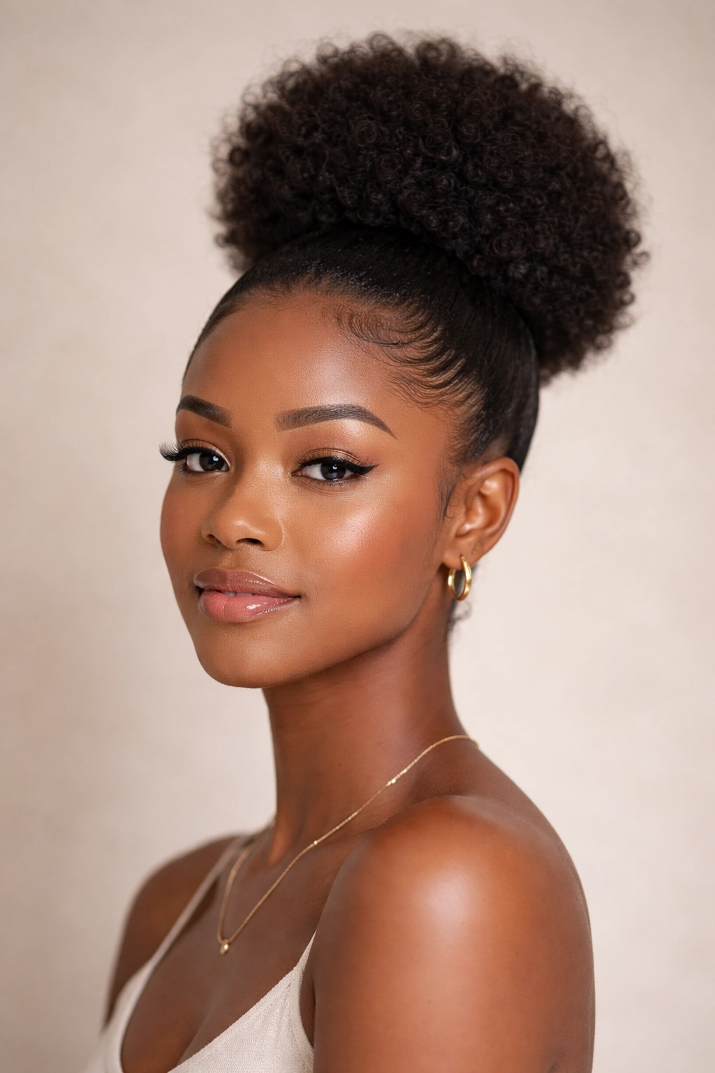 Single high puff atop the crown with clear facial visibility