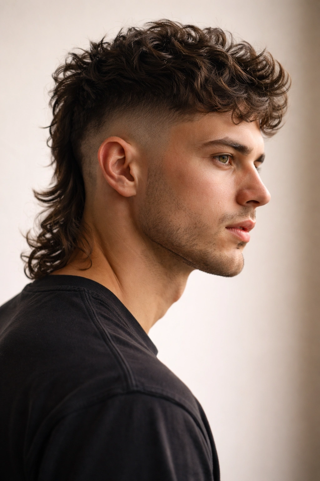 Portrait with a skin fade mullet showing sharp contrast between shaved sides and long back