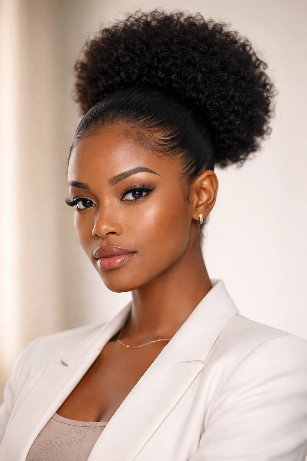 Sleek, smooth back hair forming a polished afro puff