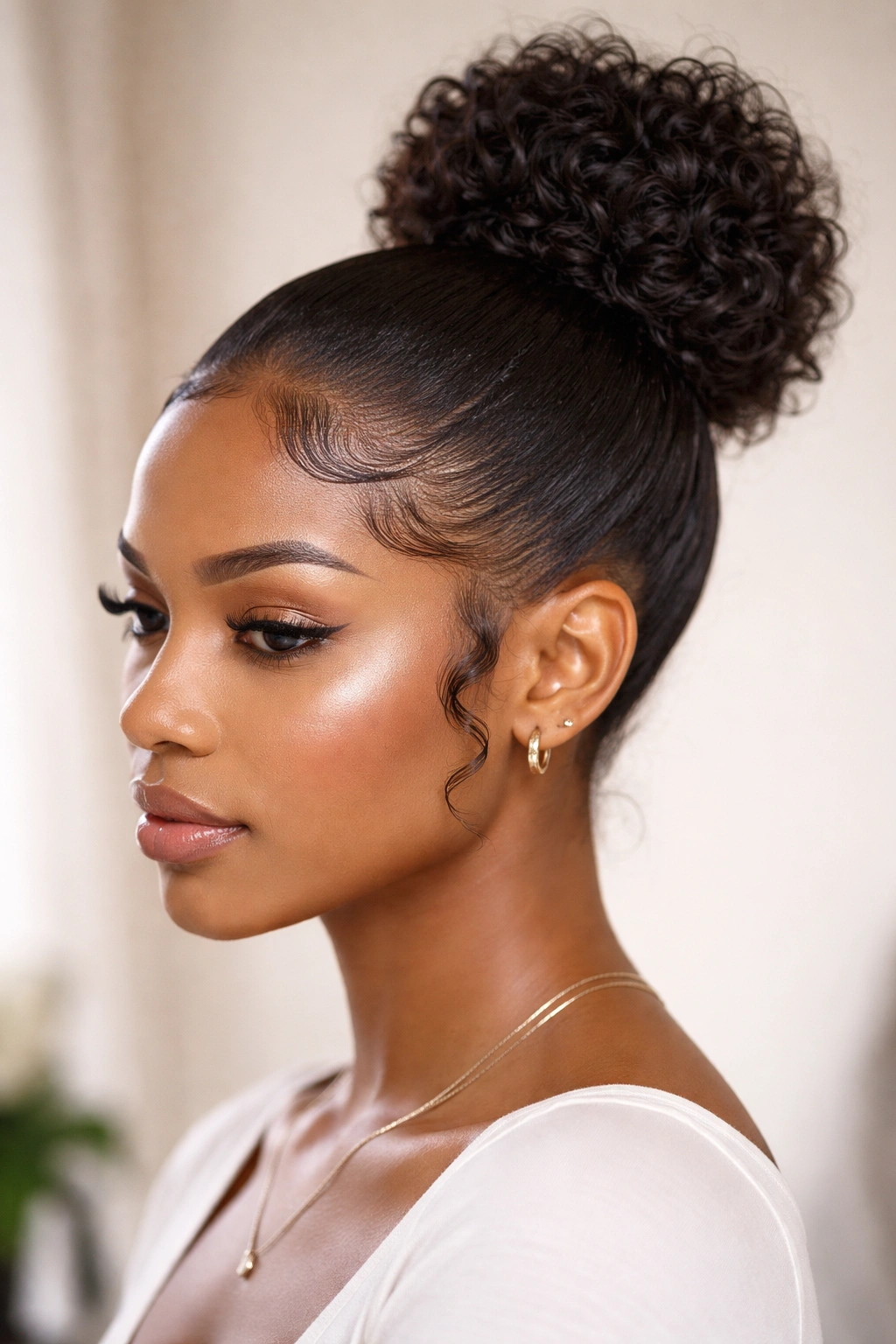 Close-up of Sleek Baby Hair Bun with defined edges on dark skin
