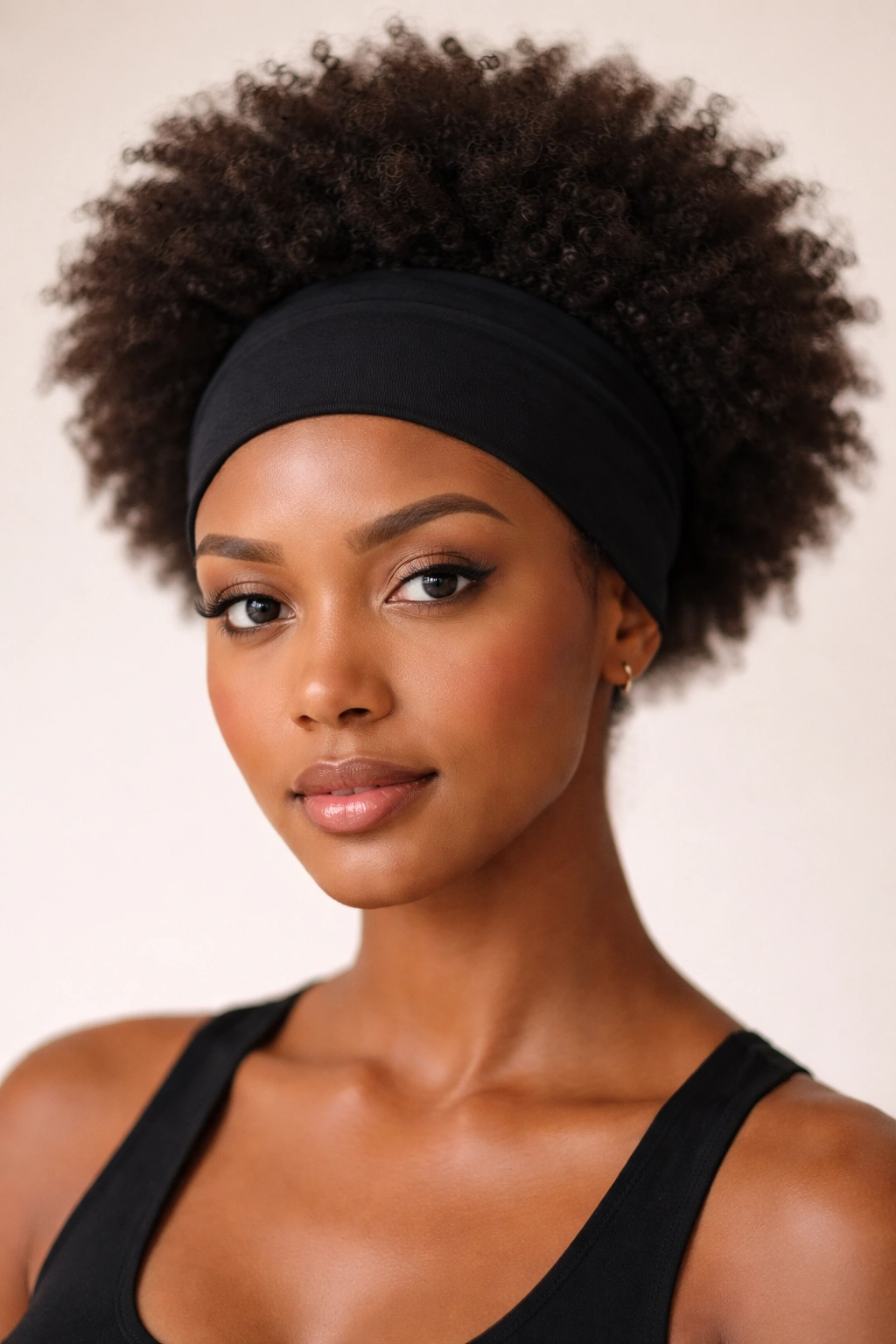 Front view of wide bandeau headband over afro hair