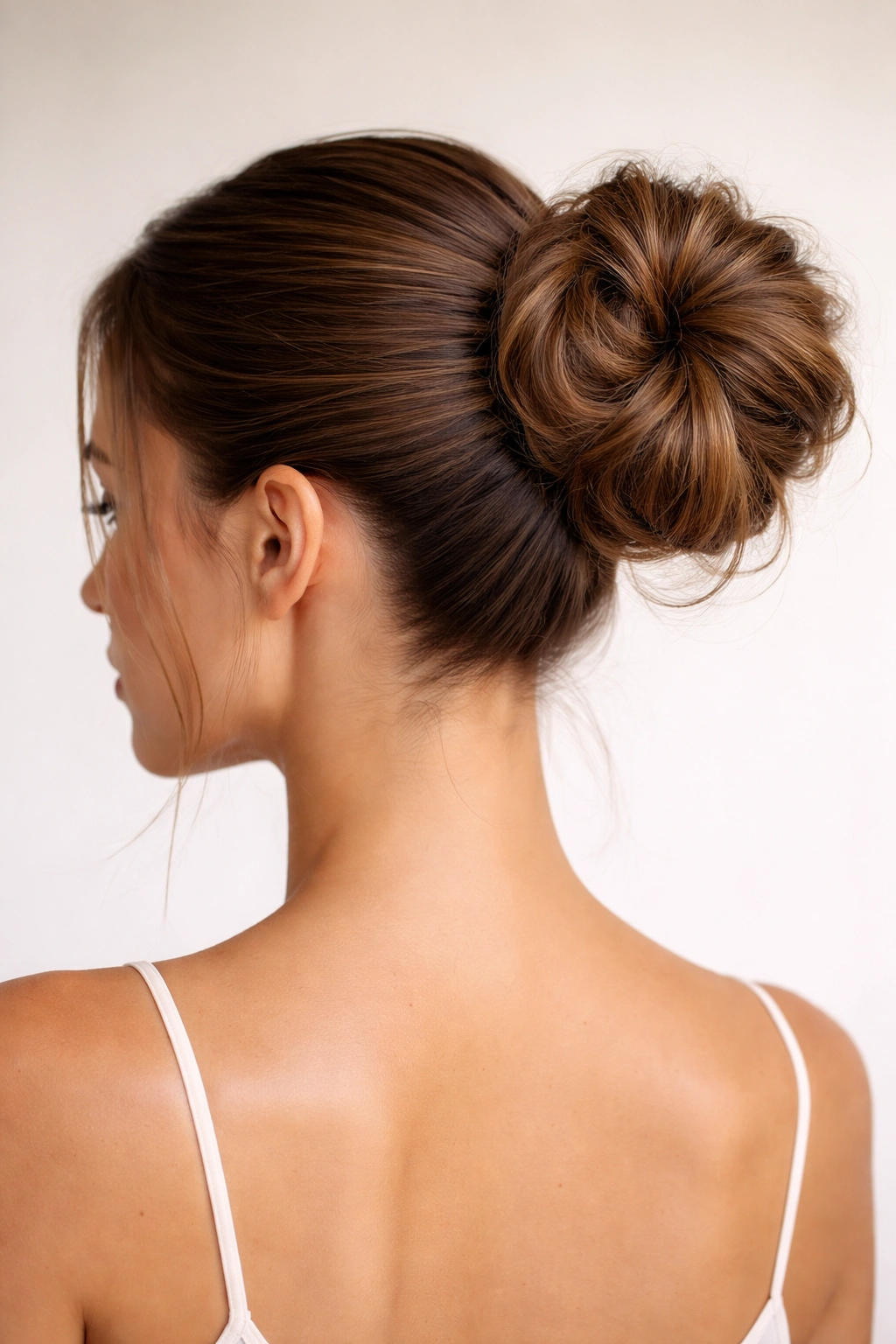 Close-up of a sleek base ponytail with a textured bun finish