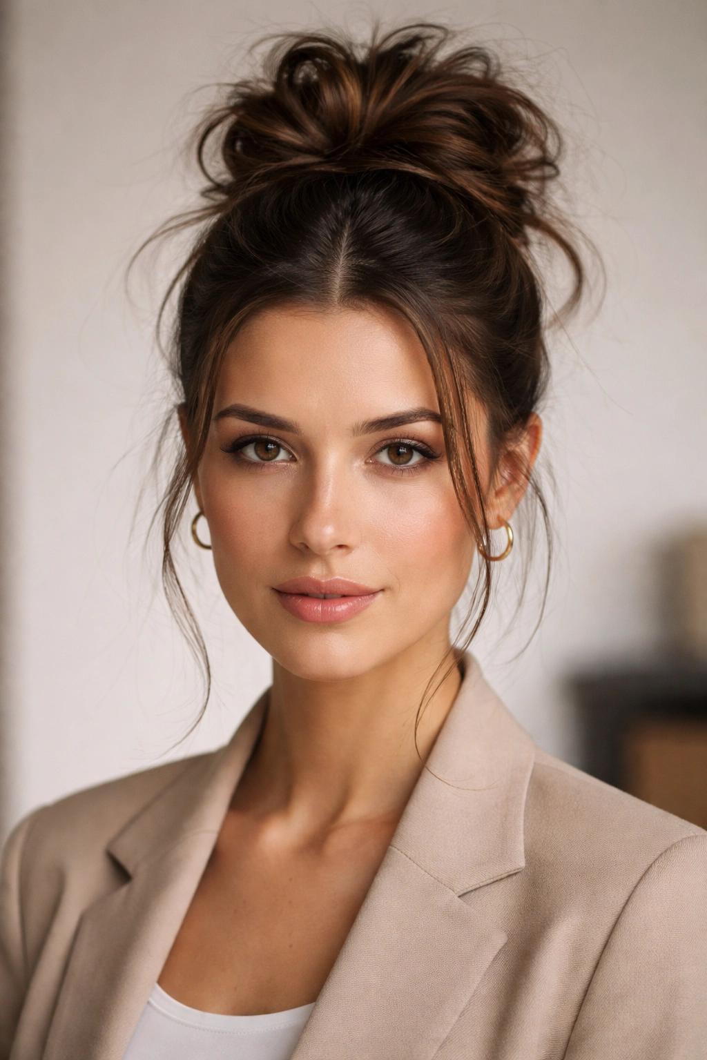 Sleek base bun with a chaotic textured crown and middle part