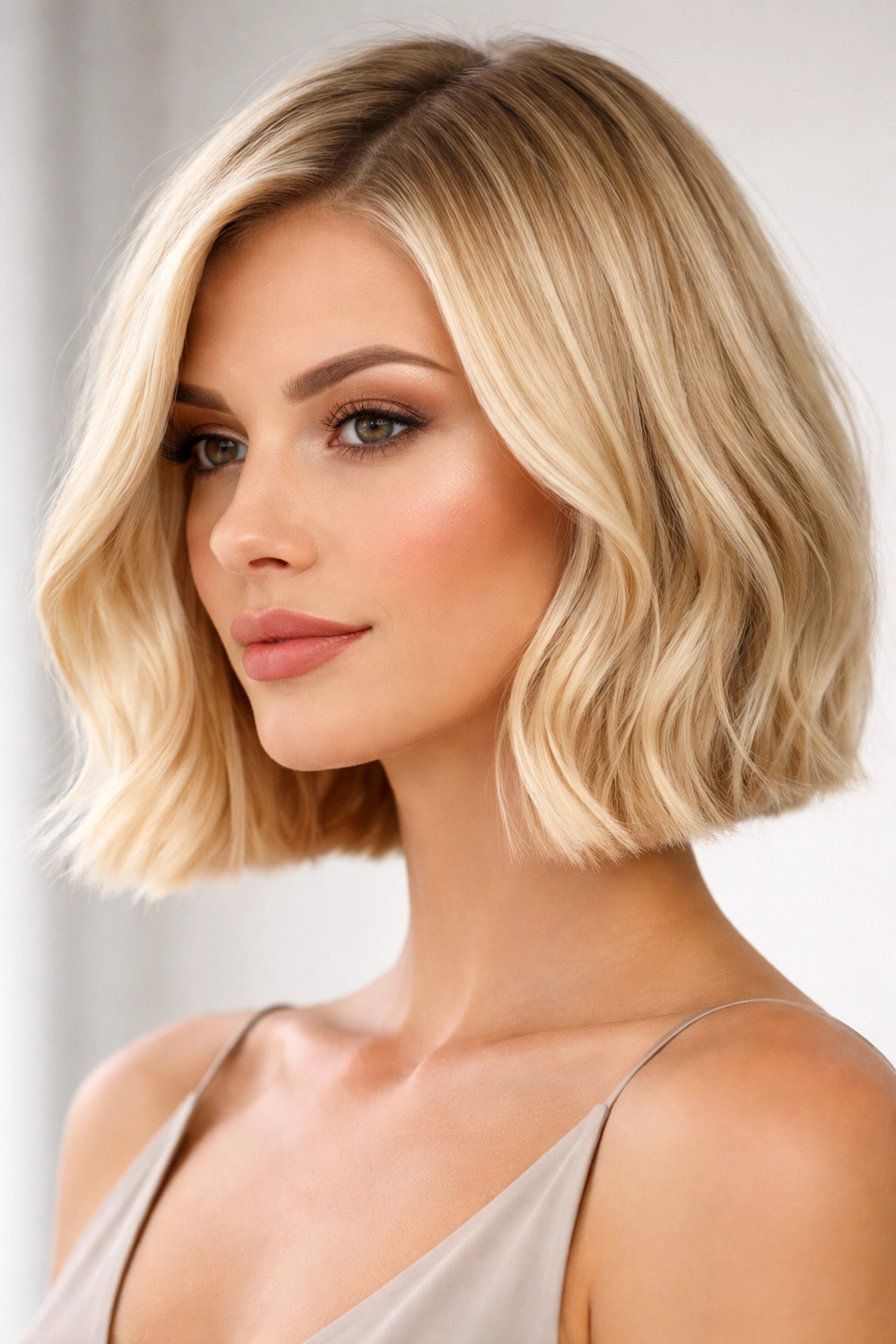 Close-up of a sleek blunt blonde bob with subtle mid-length waves