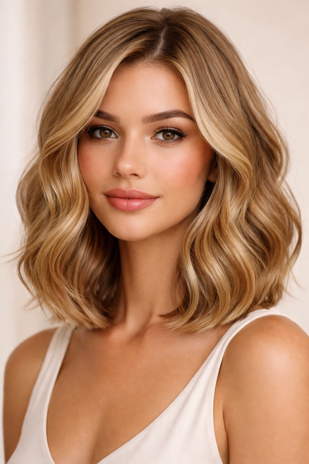 Close-up of a sleek shoulder-length bob in honey blonde with soft waves
