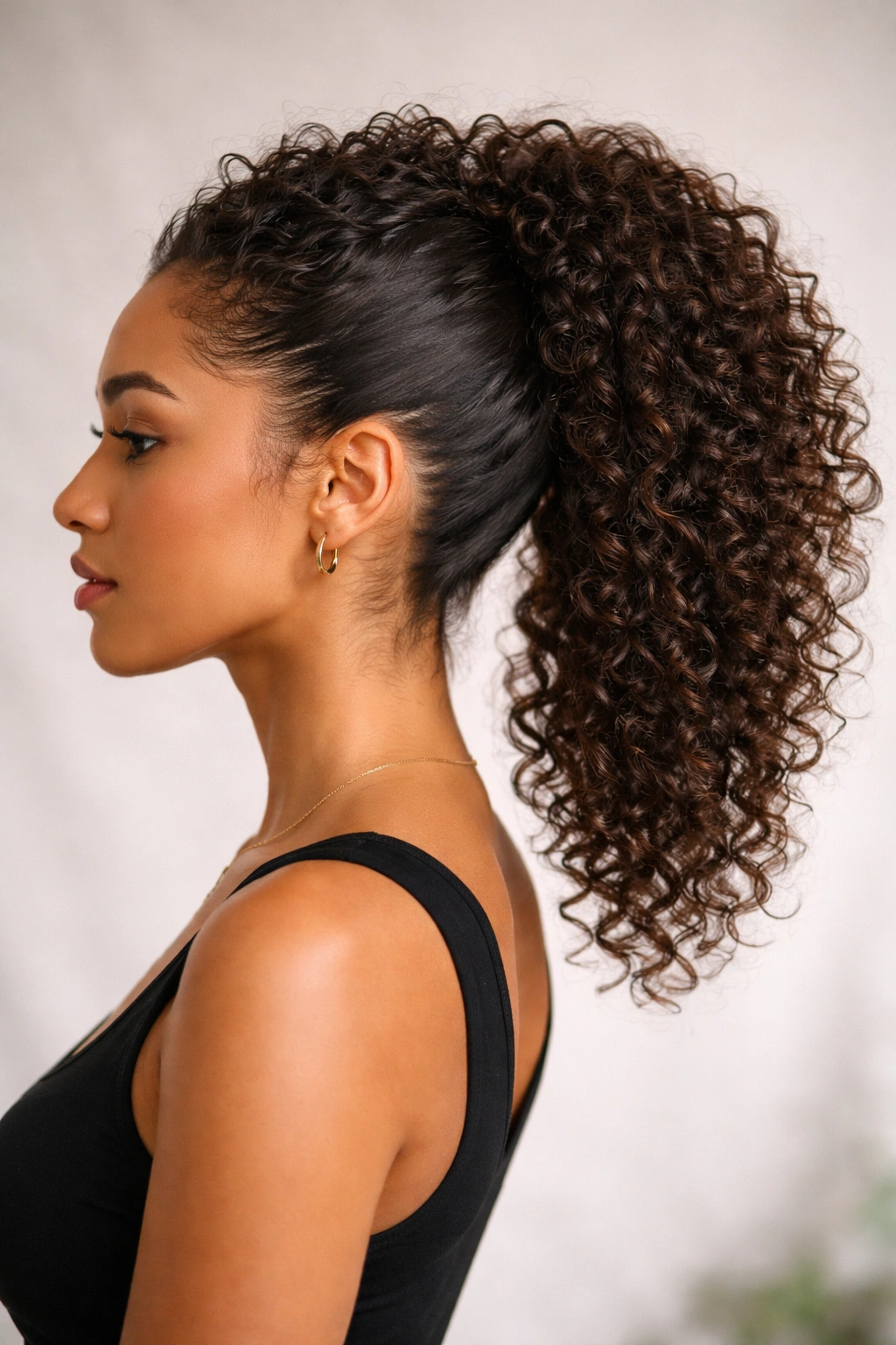 Profile view of a ponytail with a smooth bottom and textured top