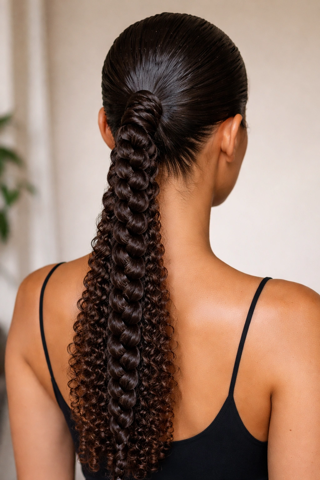 Close-up of a long, tight braid created from slicked-back curly hair.