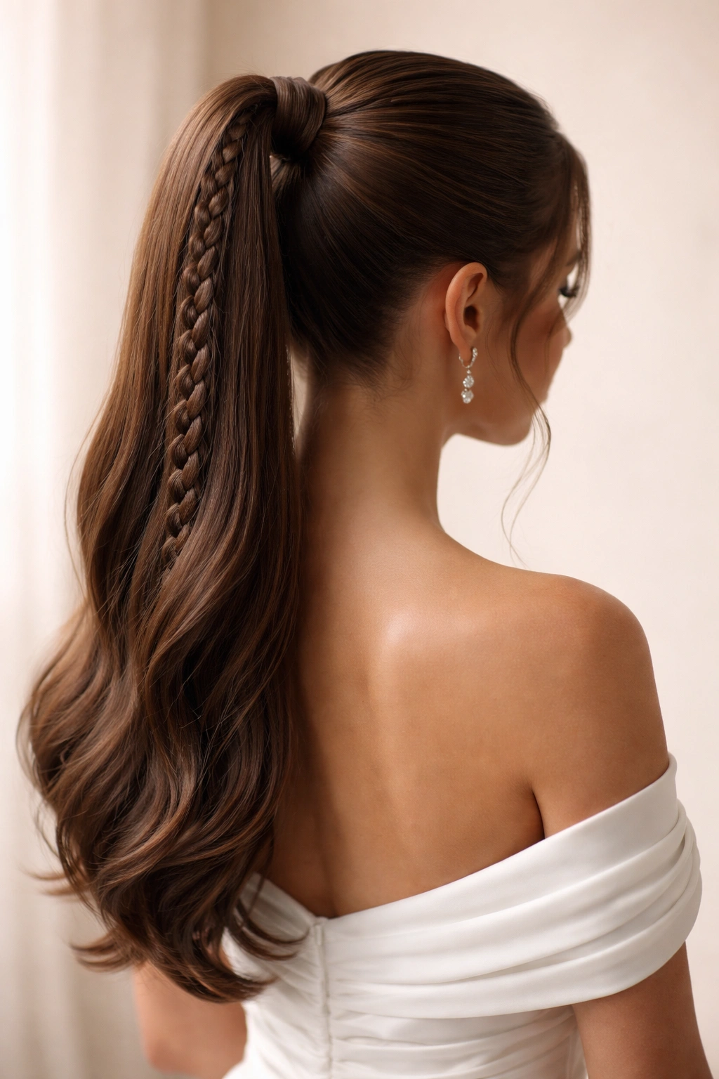 Back view of a high ponytail featuring a central integrated braid