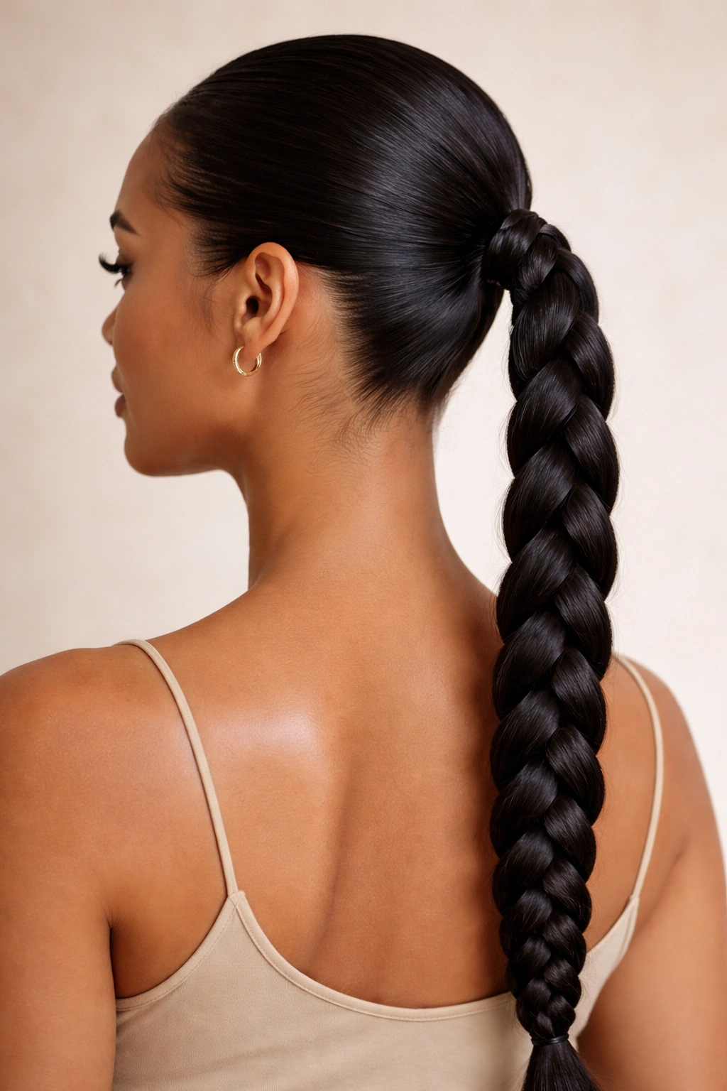 Close-up of a sleek braided ponytail with even tension and subtle shine