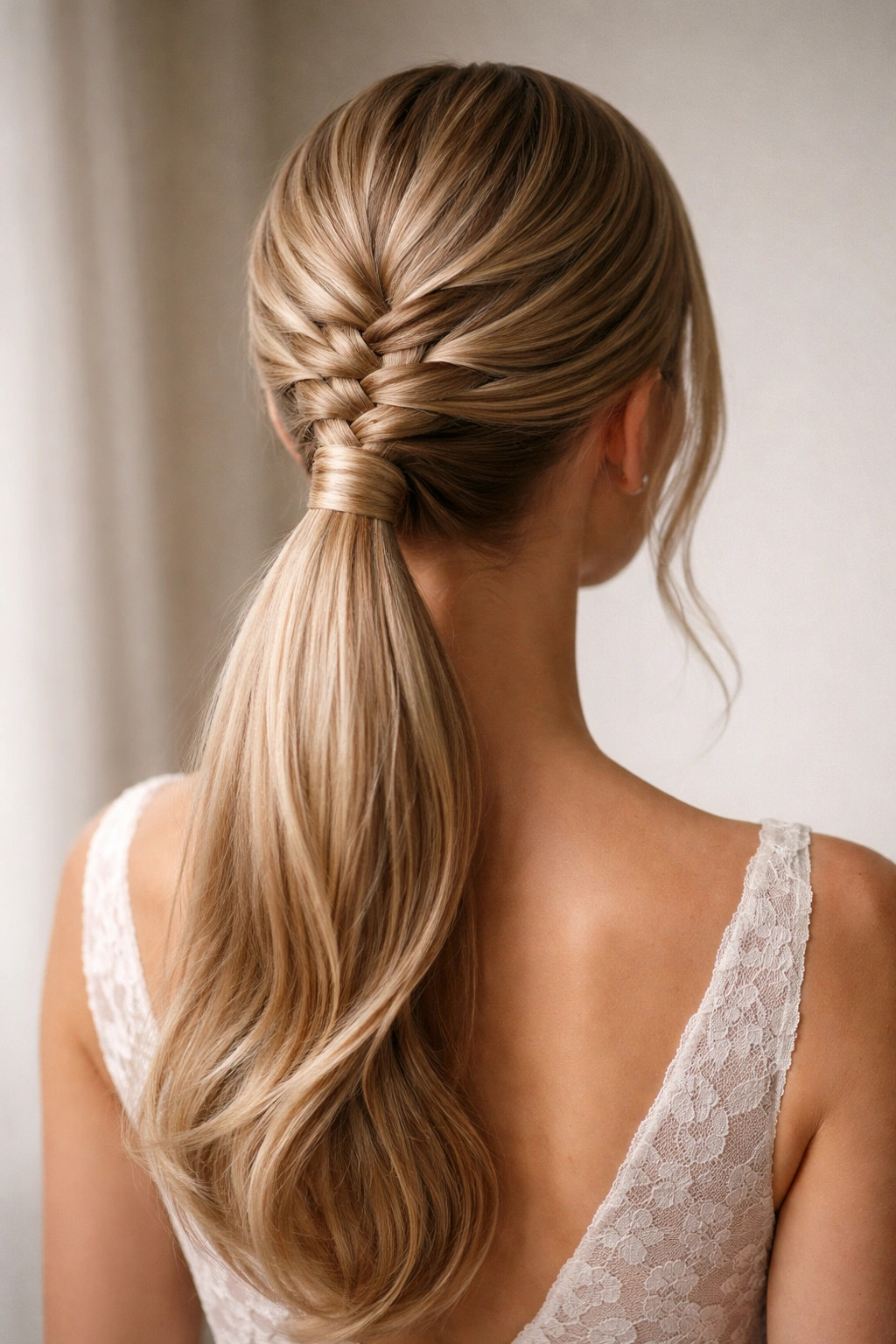 Sleek braided low ponytail with polished finish