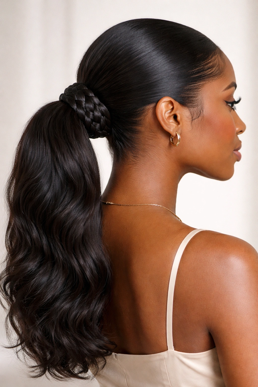 Low ponytail with a circular braided wrap around the base