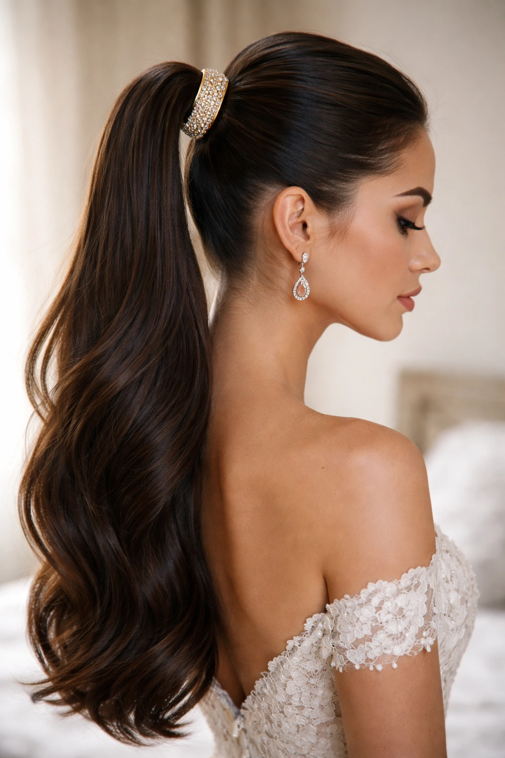 Sleek bridal high ponytail with decorative cuff