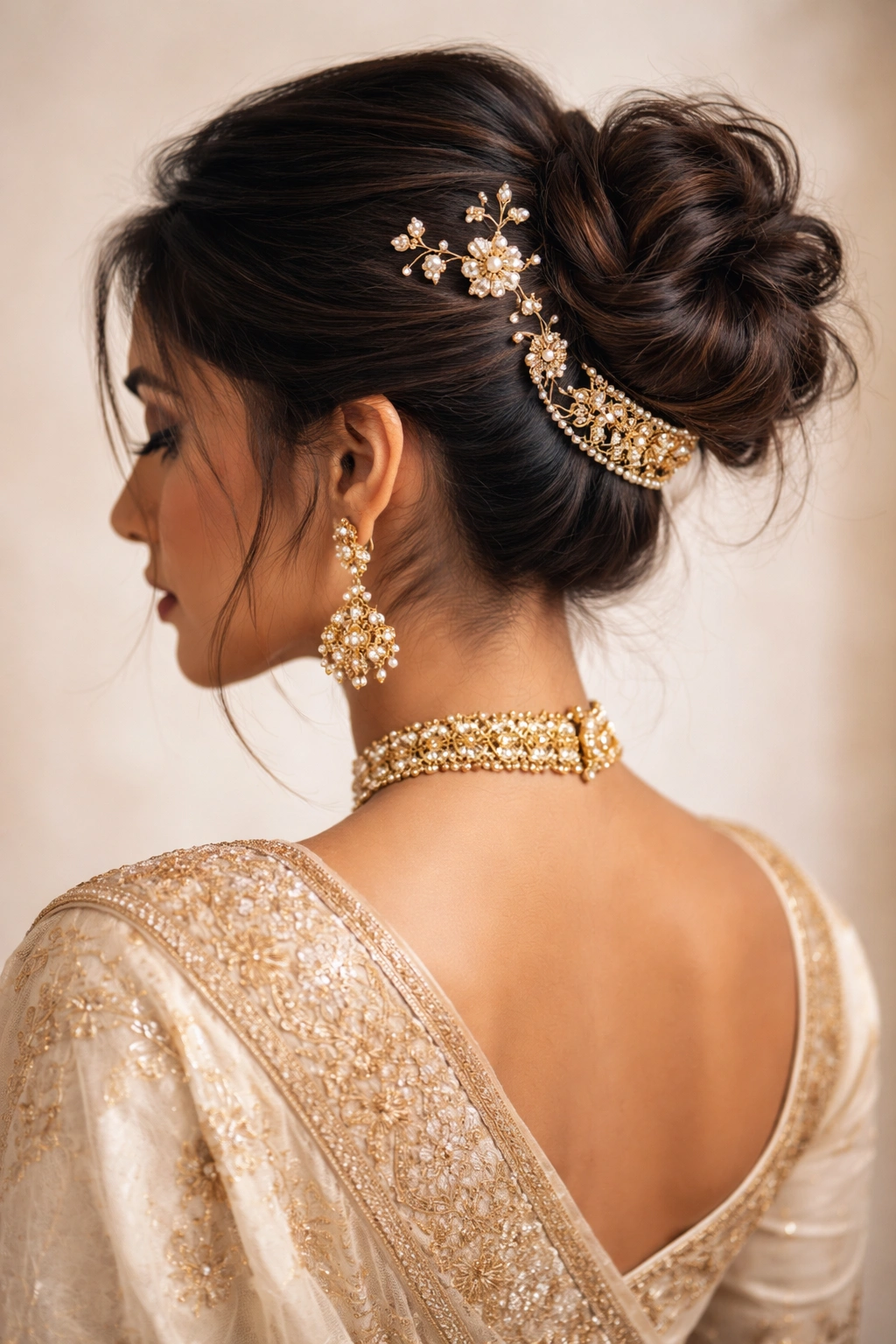 Sleek messy bun with accessories on saree