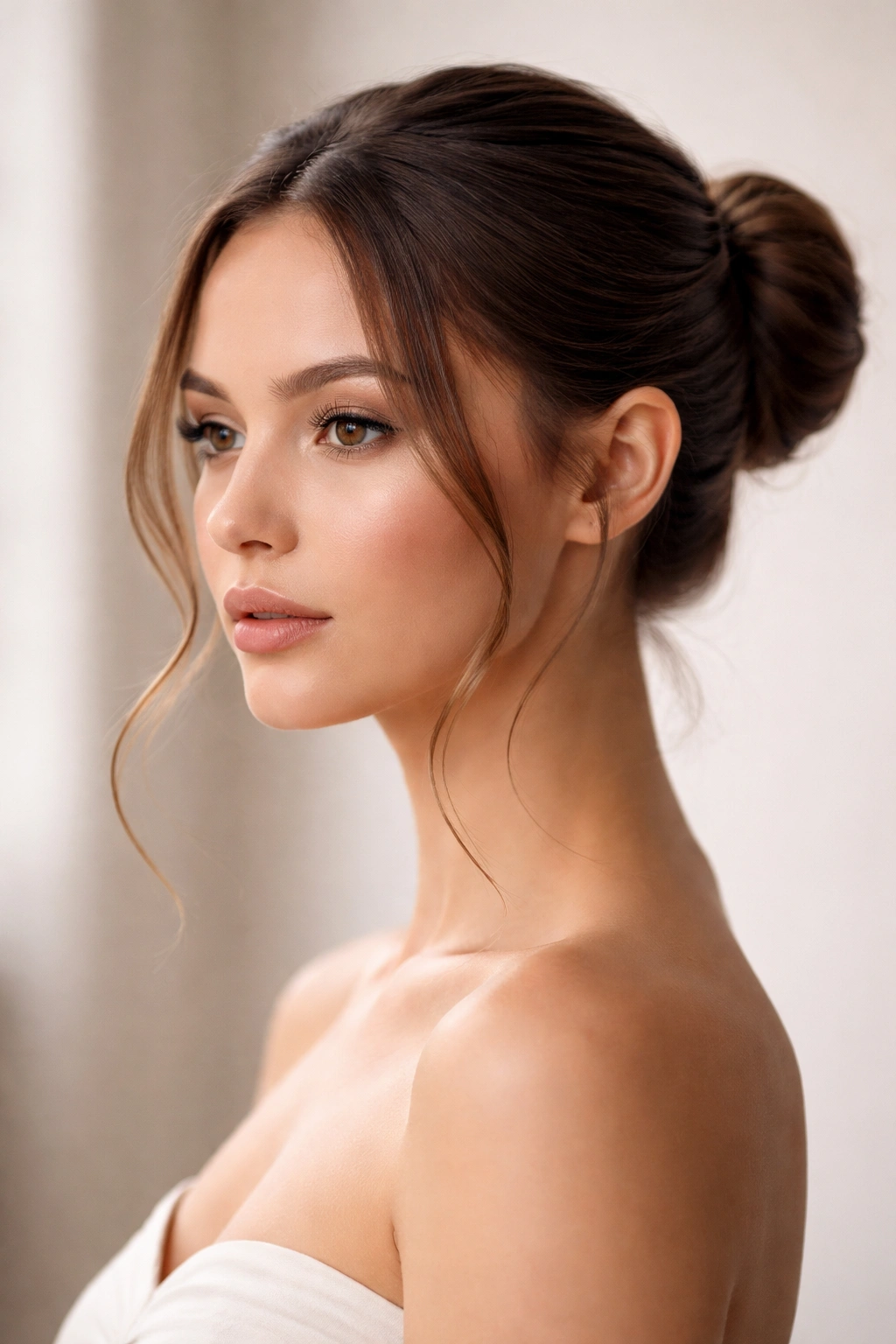 Sleek, polished bun with delicate framing wisps
