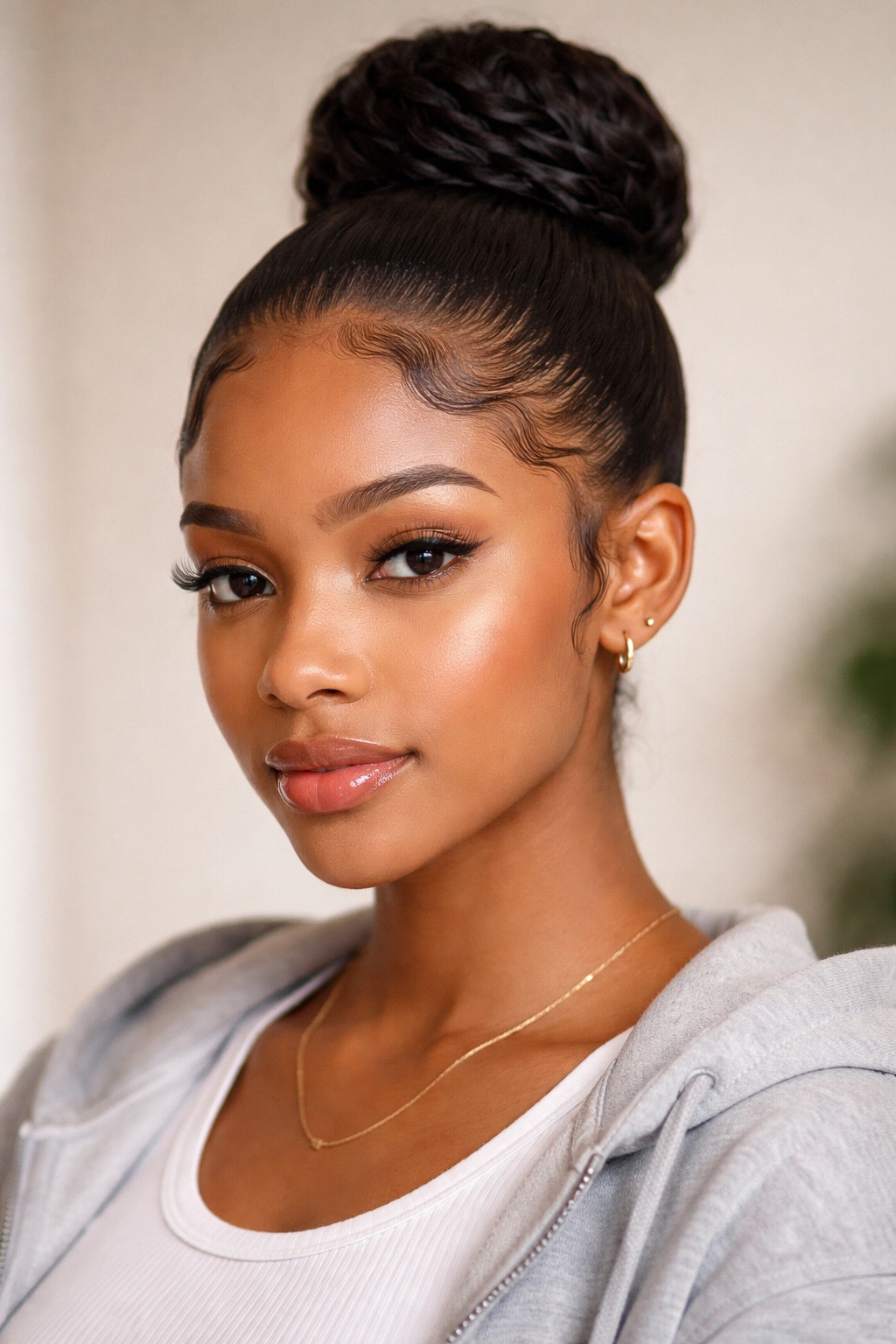 Close-up of a sleek bun with defined edges on curly hair