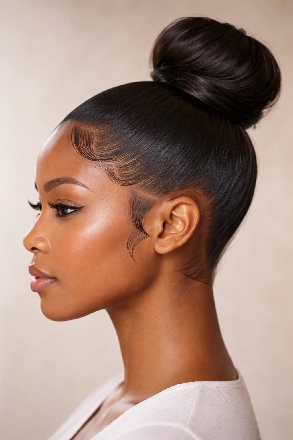 Sleek high bun with geometric edges and defined hairline