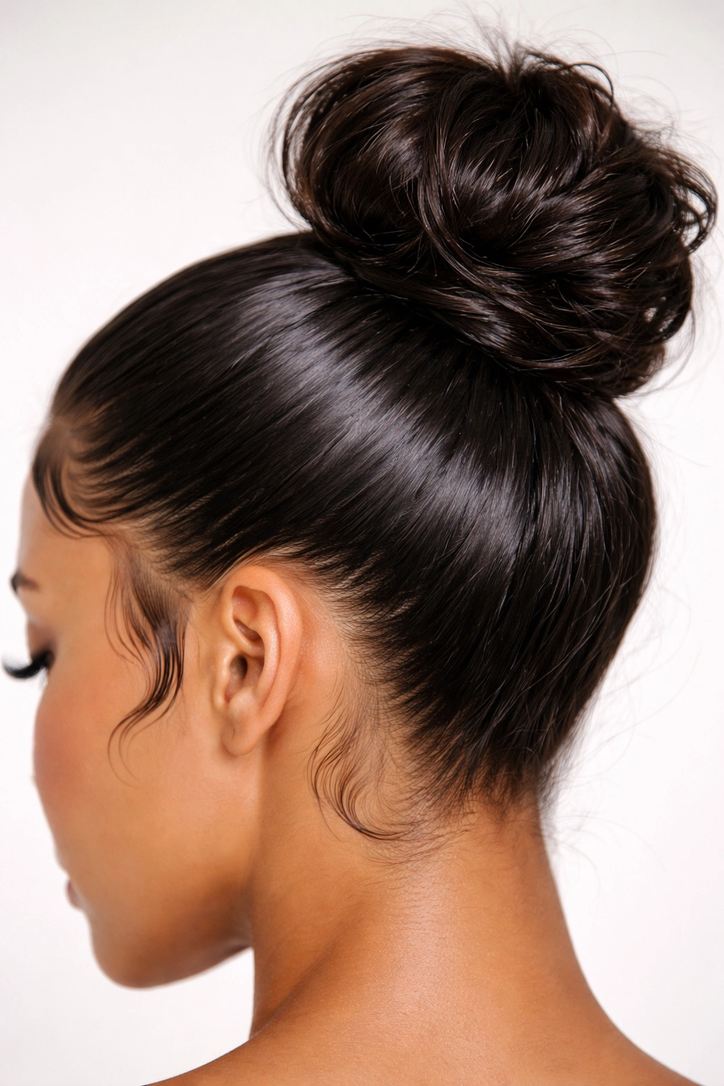 Close-up of a sleek bun with smooth gel edges and compact silhouette